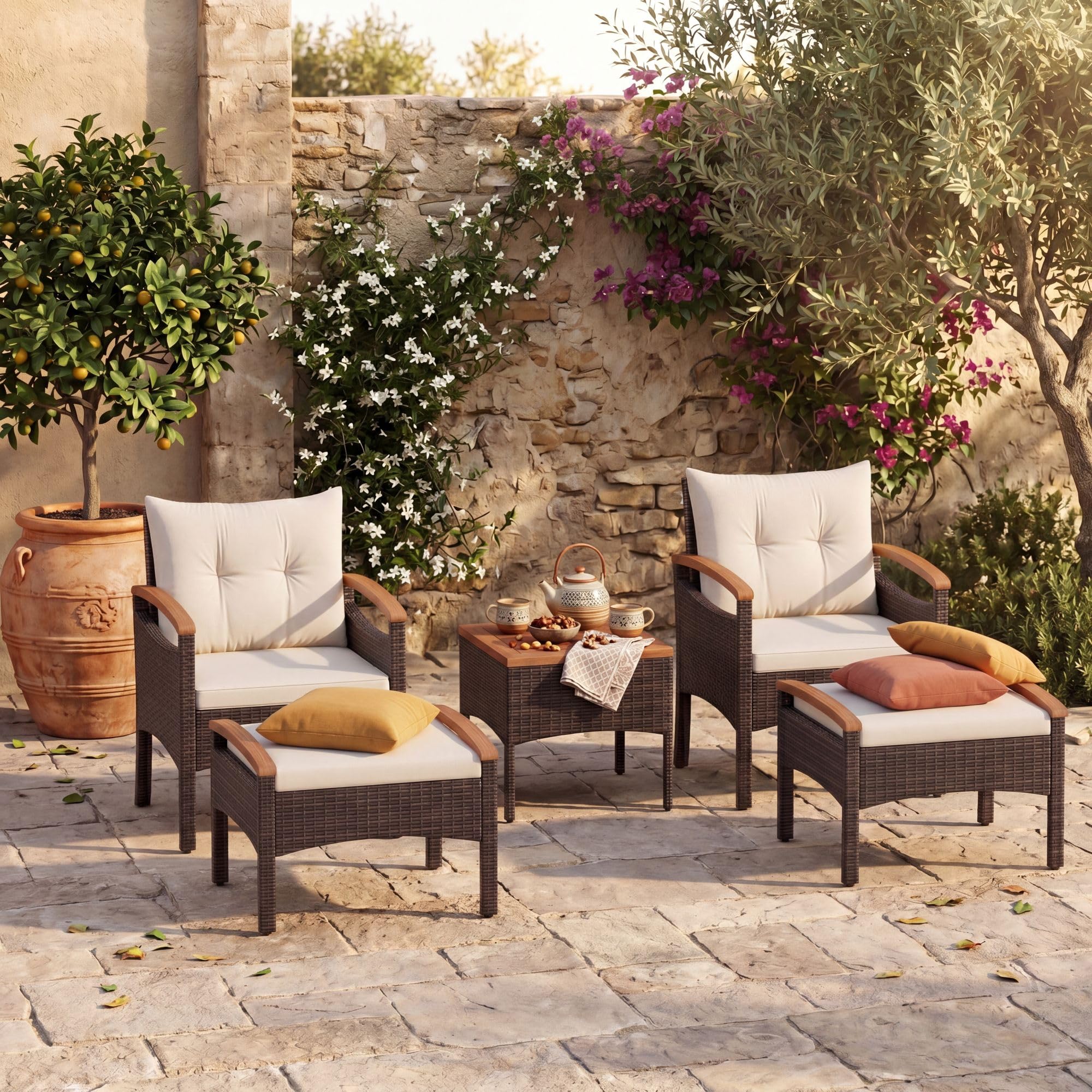 LIFEZEAL Juego de Muebles de Ratán, 2 sillónes de jardín con 2 taburetes con Cojines extraíbles, reposabrazos de Madera de Acacia, 2 Sofás Individual y Mesa de Centro para 2-4 Personas (5 Piezas)