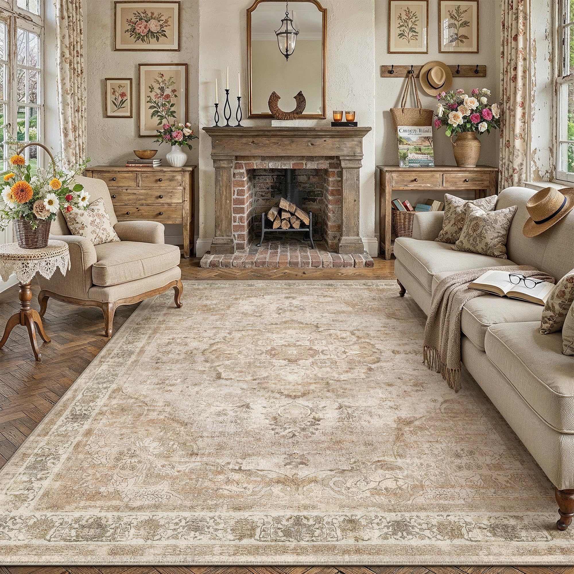 PureCozy Vintage Rugs Living Room Large Washable 240x300cm Carpet Non Slip Area Rug for Kids Bedroom Bedside Nursery Playroom Lounge Office Indoor Low Pile Carpets