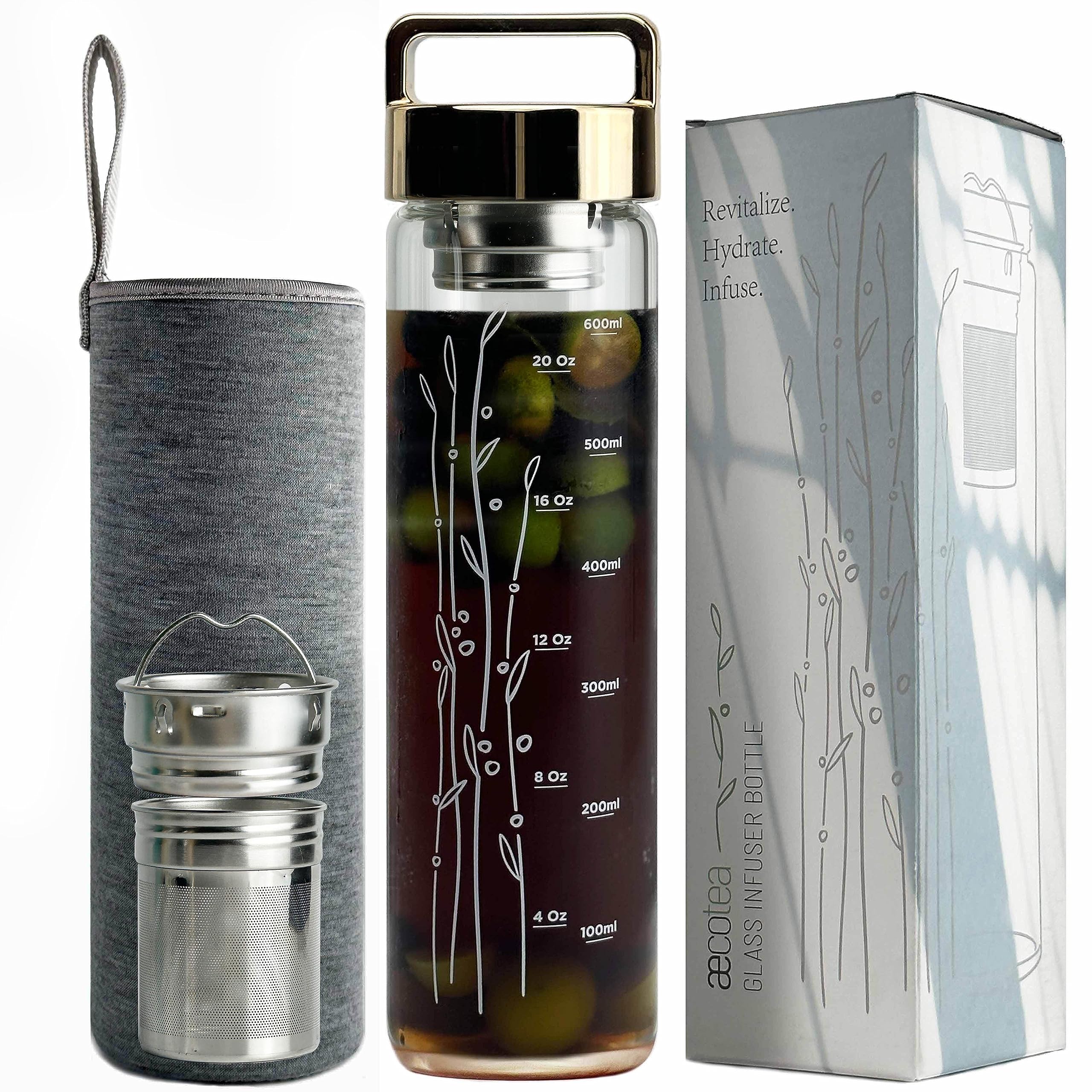 aecotea 23 oz Borosilicate Glass Water Bottle with Handle Lid - Motivational Sports Drinking Bottle with Neoprene Sleeve (Gold)