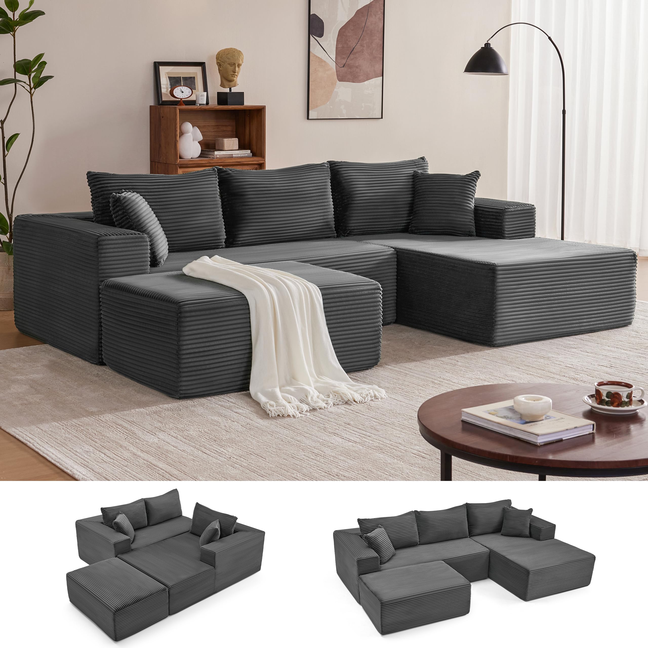Mangodan 110” Cloud Sectional Couch, Boneless Sofa for Living Room, Modular Sectional Sofa with Deep Seat, Comfy Fluffy U-Shaped Couch with Right-Facing Chaise, No Assembly Required, Grey