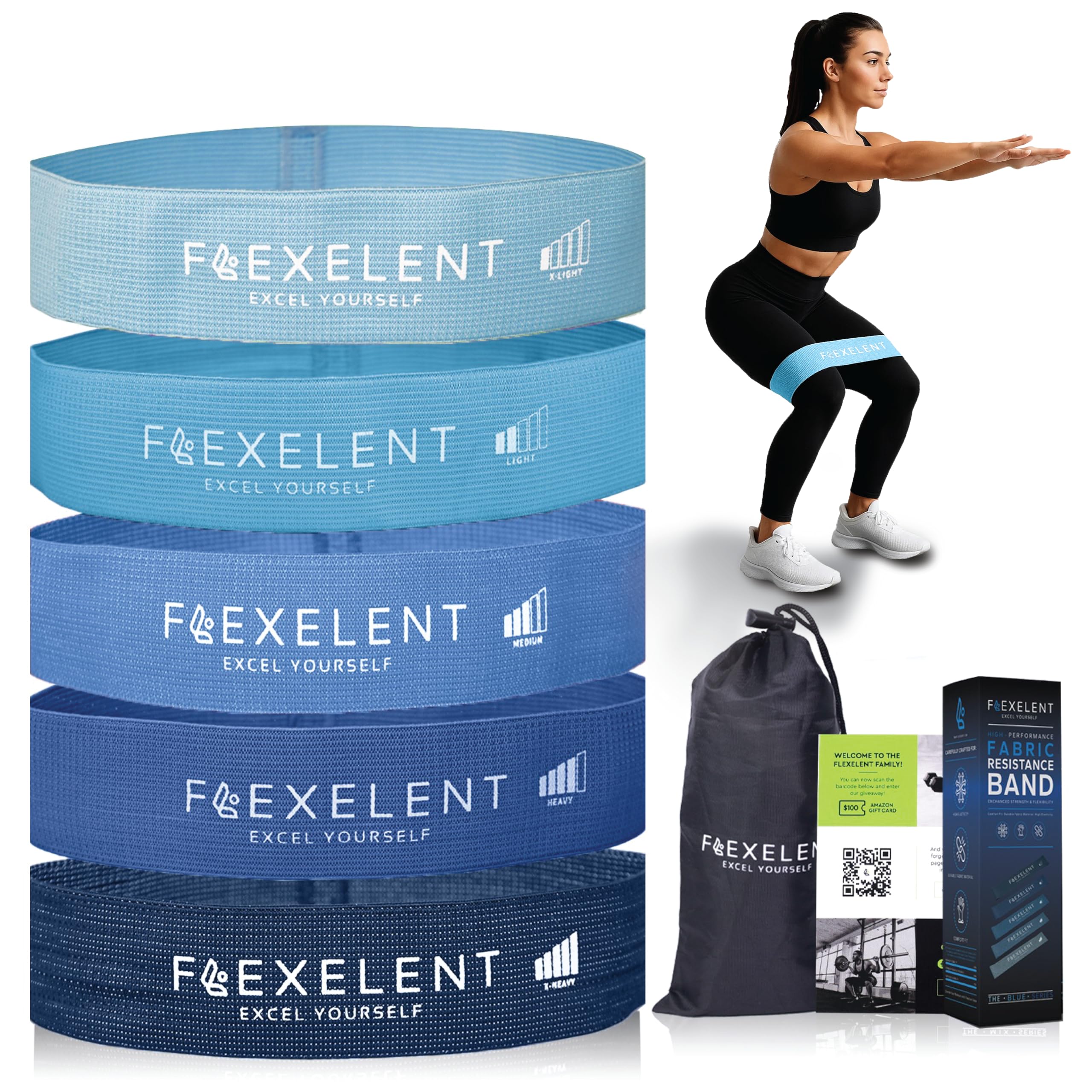 Short Fabric Resistance Bands for Working Out, 5 Strength Levels, Blue Set