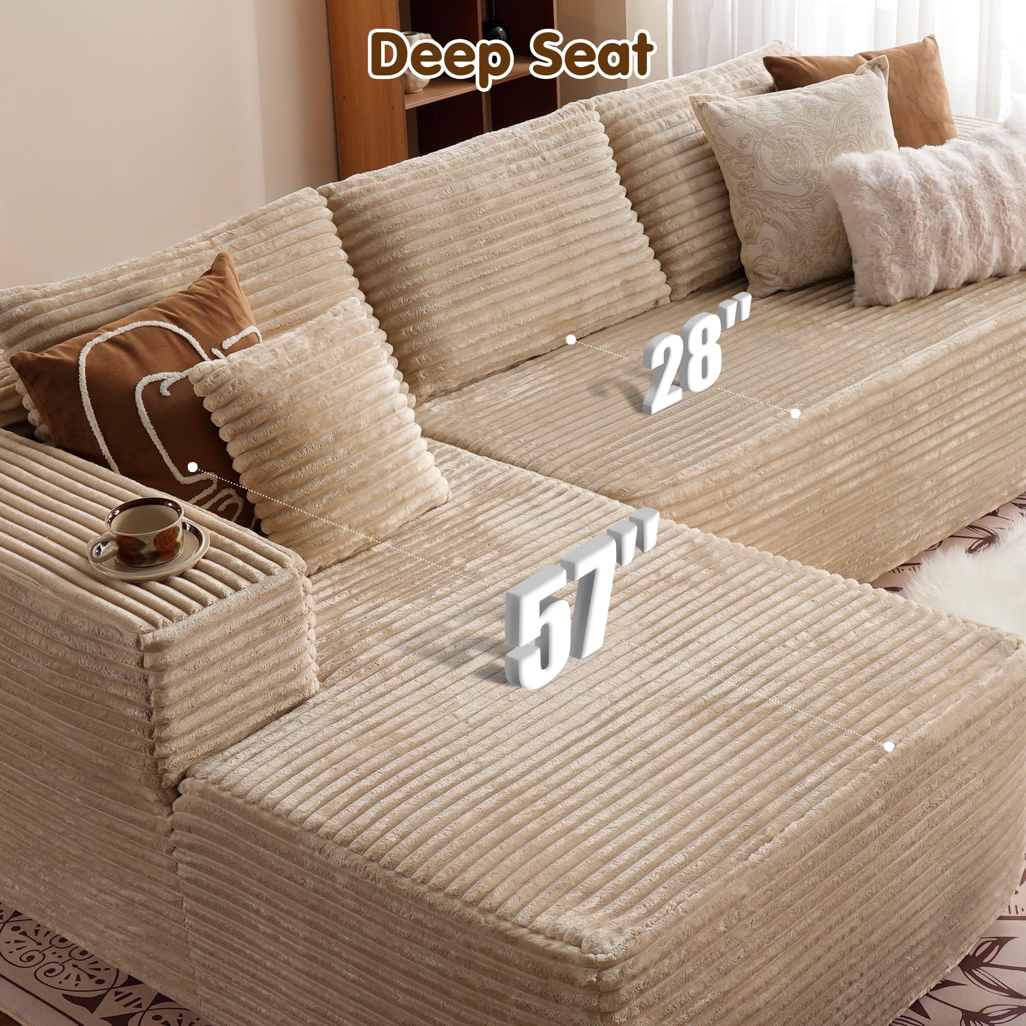 ovios 104" Cloud Boneless Couch with L-Shape Chaise,Modern Sectional Modular Sofa with Deep Seat, Upholstered Couches for Living Room Bedroom,No Assembly Required, Green (Cloud Velvet): 106"(Foam + Spring Hybrid) Left Hand Facing Beige (Plush Corduroy Fabric)
