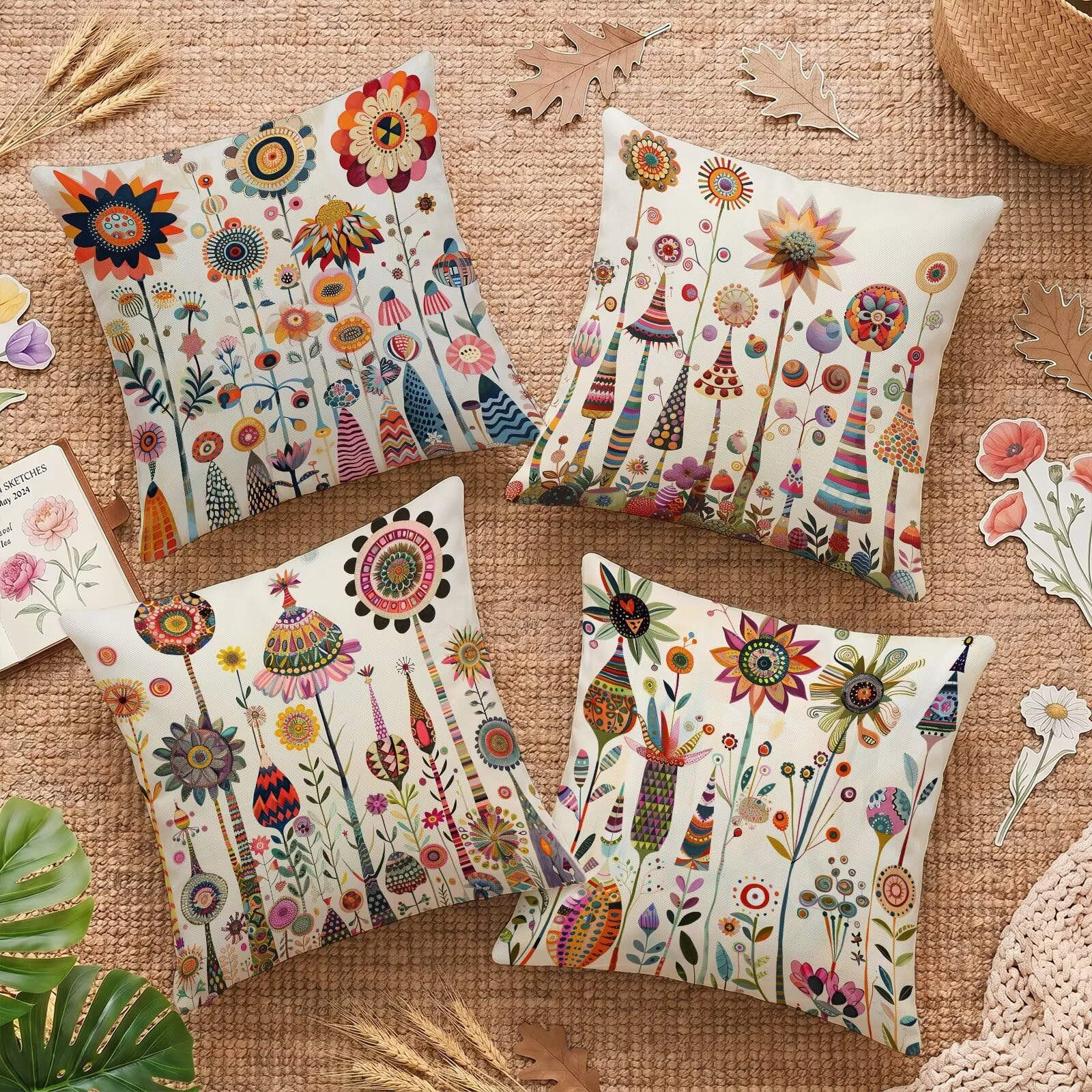 Housse de coussin 45x45cm lot de 4 en lin imperméable double face fleur abstrait
