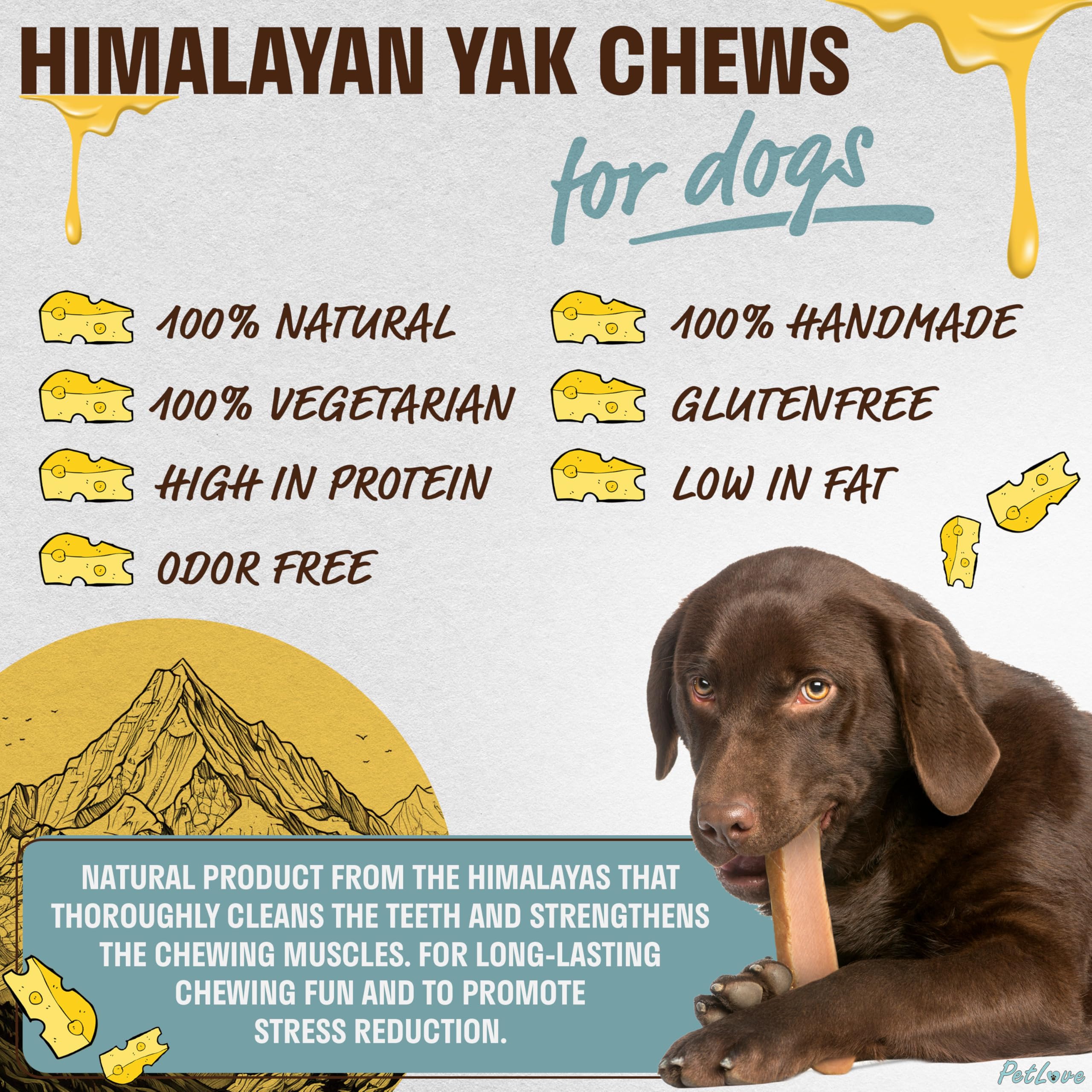 PetLove Himalayan Yak Chews for Dogs (Pack of 3) • 100% Natural Hard Cheese Dog Chews • Dog Dental Chews • Natural Dog Treats for Teeth & Bones • Protein Rich Cheese Bone • Size: L - Image 2