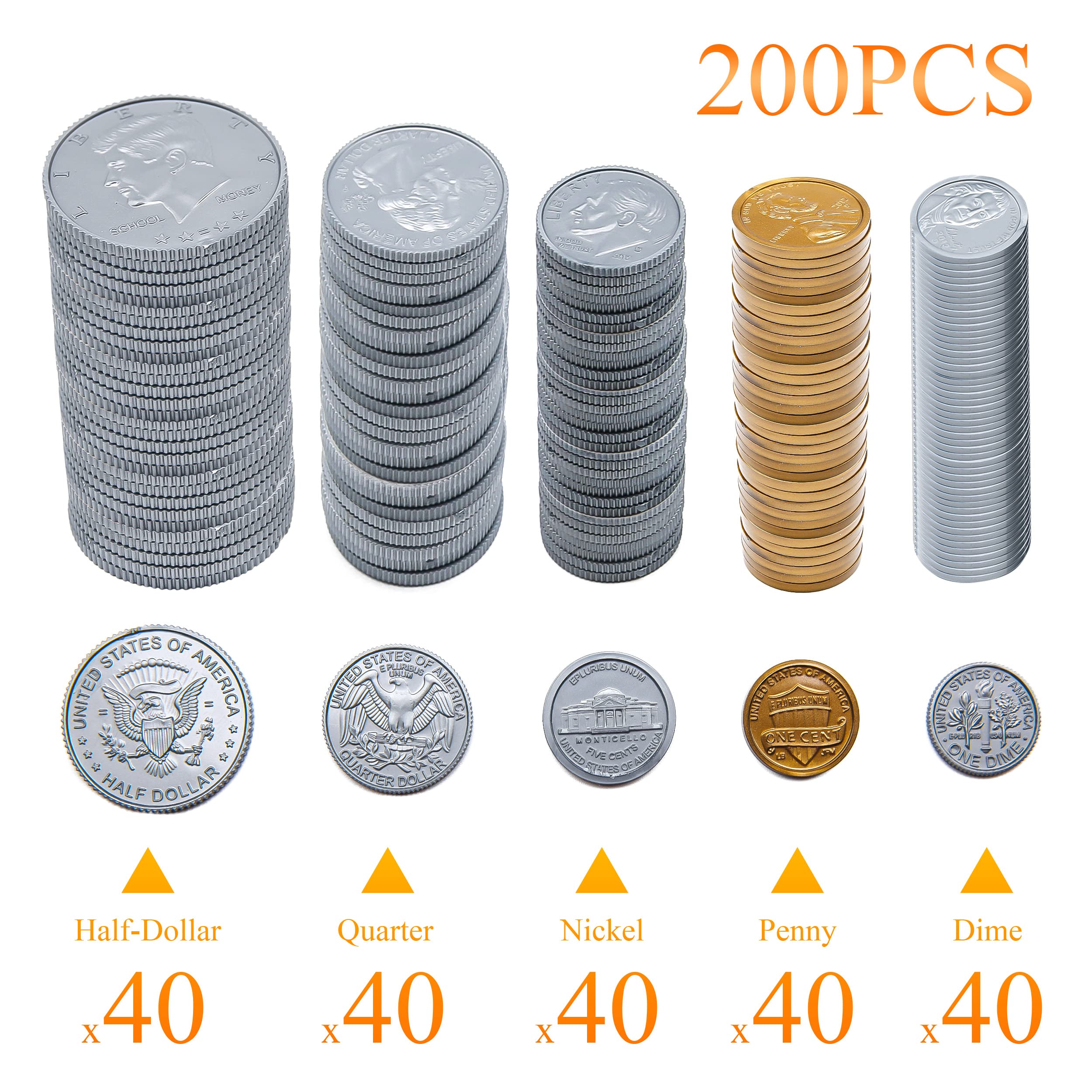Juego de monedas falsas, 200 piezas de dinero realista para caja registradora y juego de simulación, monedas de plástico para aprender 2