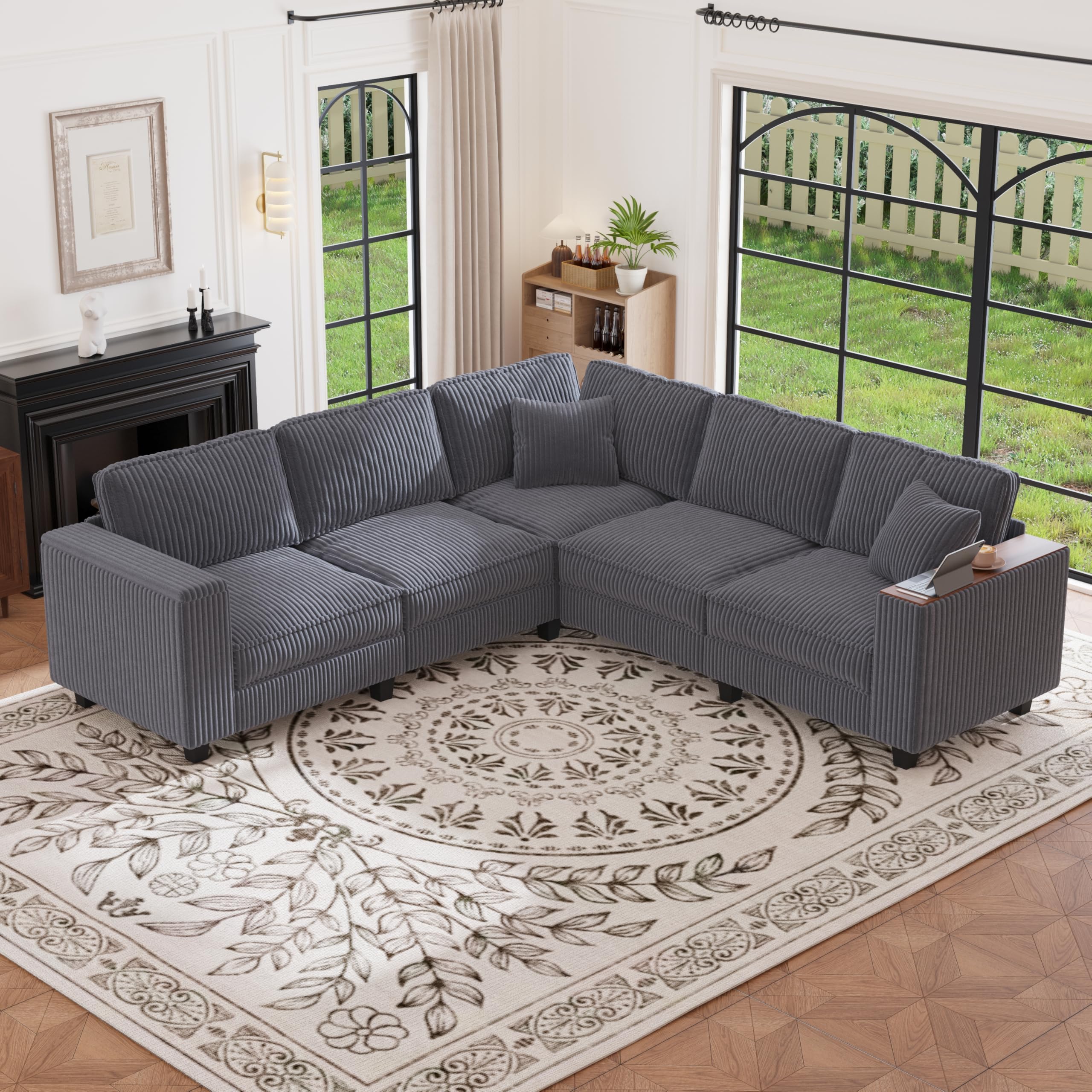 97" L Shaped Sectional Couch, Comfy Corduroy Sectional Couch, Modular Convertible V Shaped Couch, 5 Seat Corner Sofa with 2 Pillows & Storage Armrests for Living Room, Grey (Corner seat only)