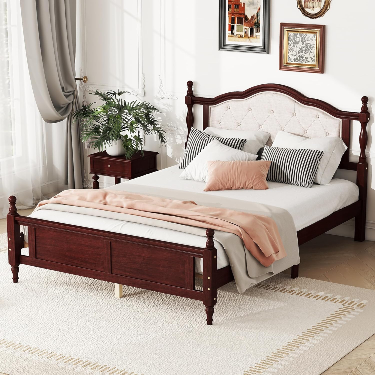 Queen Size Bed Frame with Upholstered Headboard and Panel Footboard, Rustic Retro Style Pine Wood Platform Bed with Slat, No Box Spring Needed, Classic Cherry