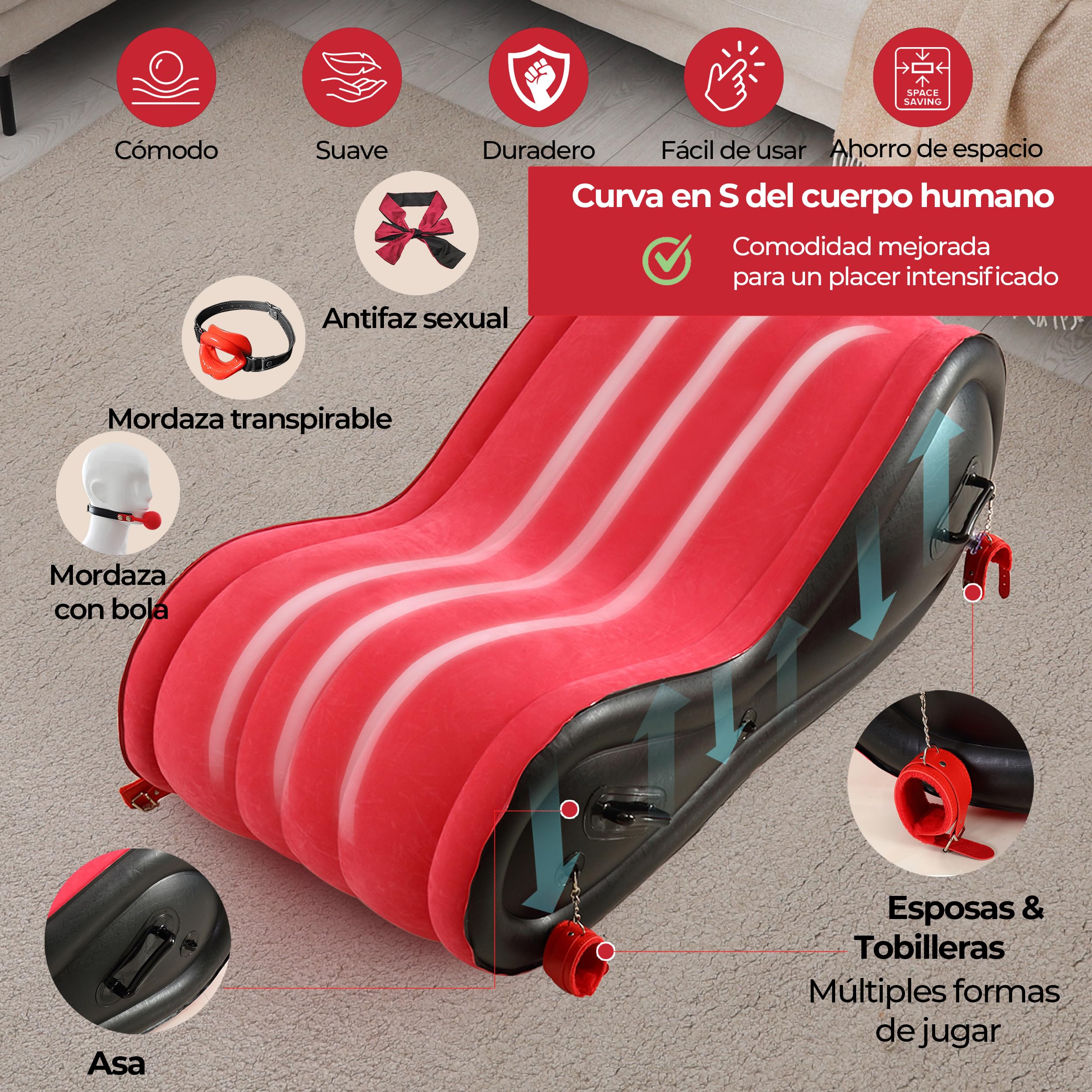 Sofá Tantra Hinchable para Parejas – Diván Erótico BDSM con Kit de Juegos Sensuales, Posiciones Cómodas y Accesorios para Dormitorio Íntimo y Experiencias Románticas