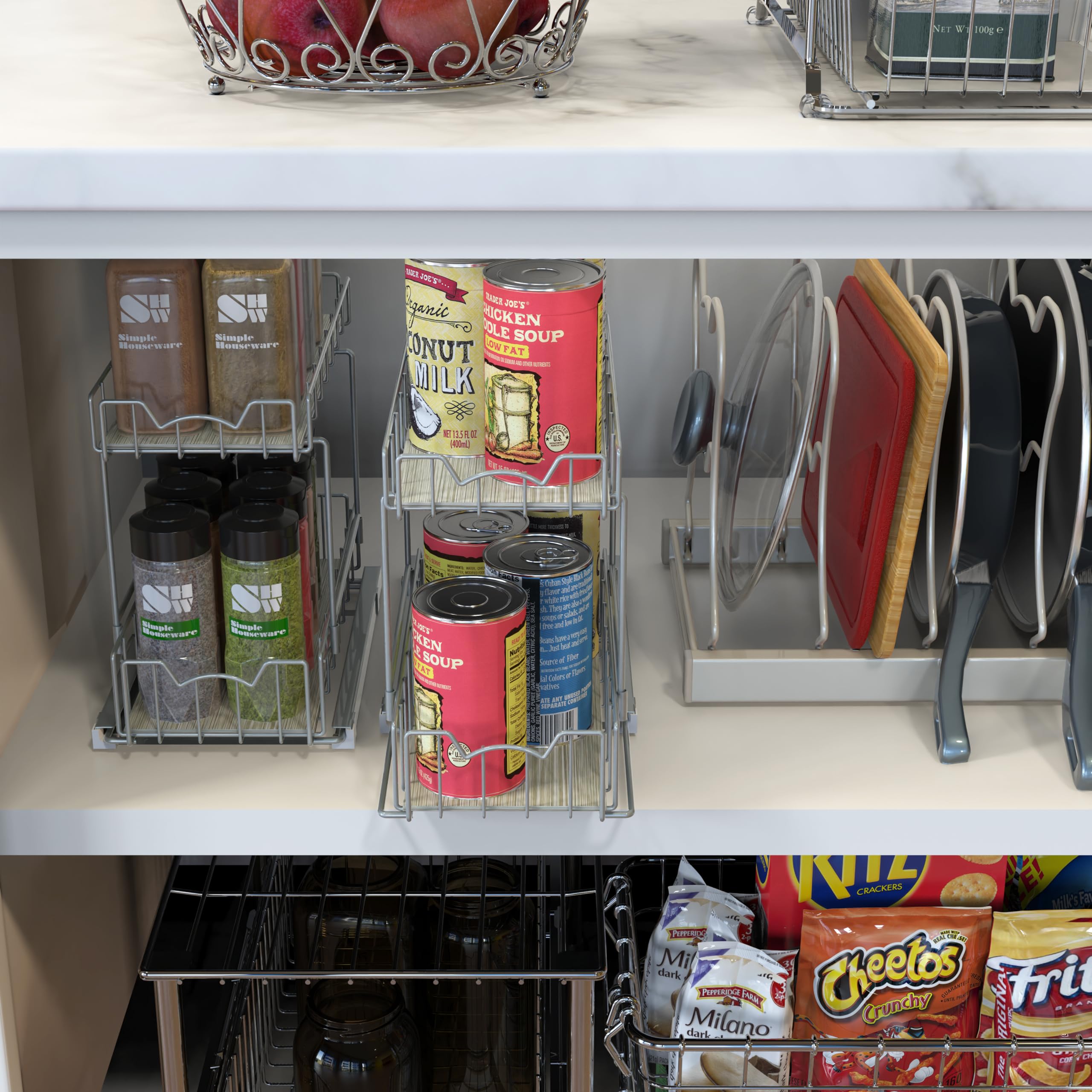 Simple Houseware Spice Rack Slide Out Wire Basket Drawer Organizer, 2 Tier, Silver