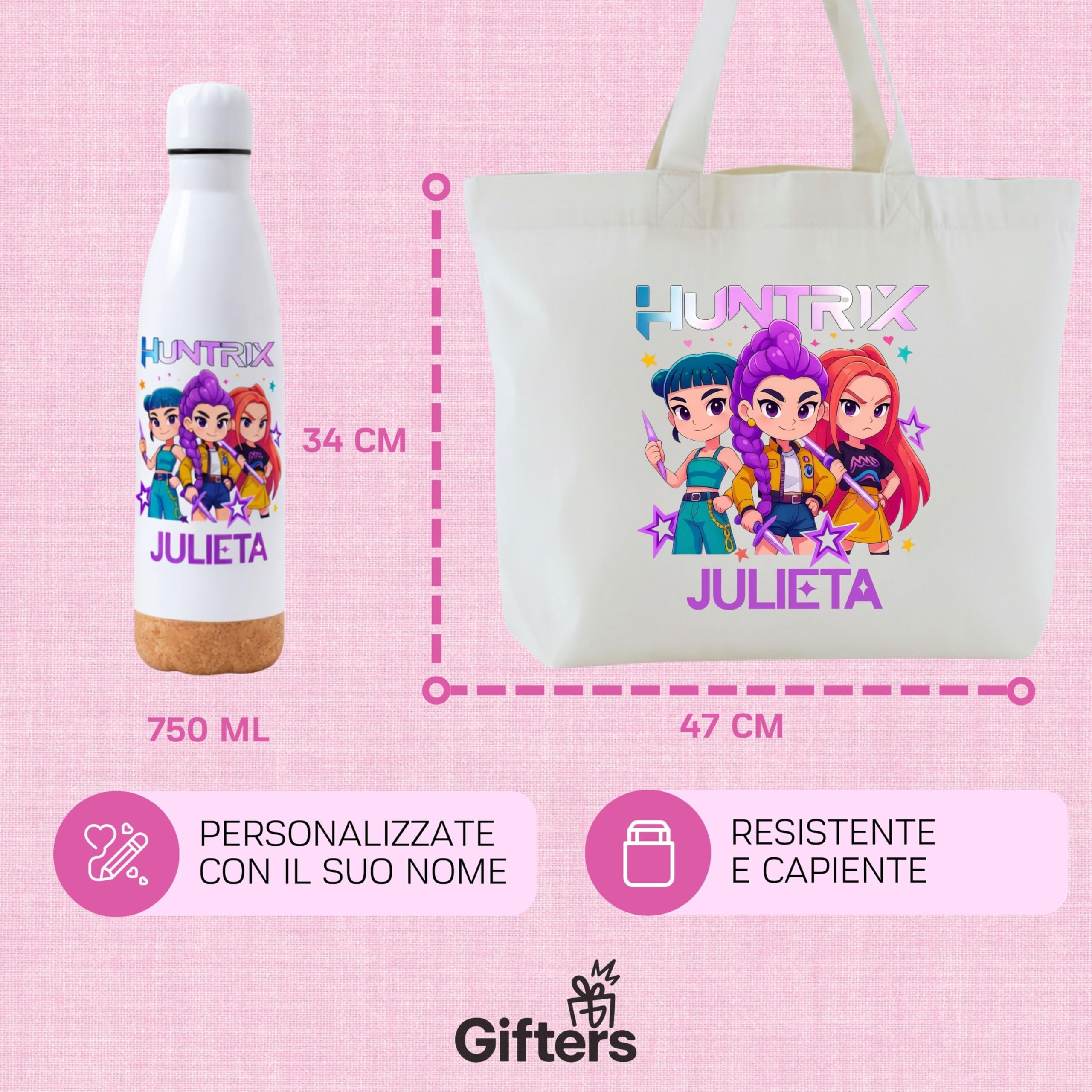 Gifters| Borsa Personalizzata con Nome e Bottiglia in Acciaio Inox 750ml| Design Personaggi Stile Kpop| Tote Bag Cerniera| Confezione Regalo Originale per Ragazza, Compleanno, Natale, Prima Comunione
