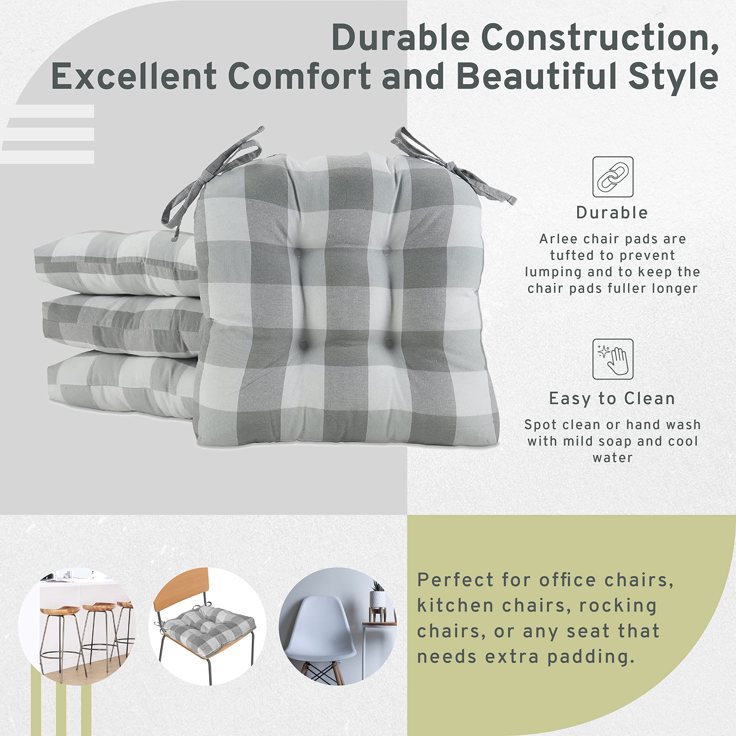 Arlee Home Fashions – Fiber Filled Premium Chair Pads - Chair Pads with Tiebacks –14� L X 15� W – Gray - Set of 4