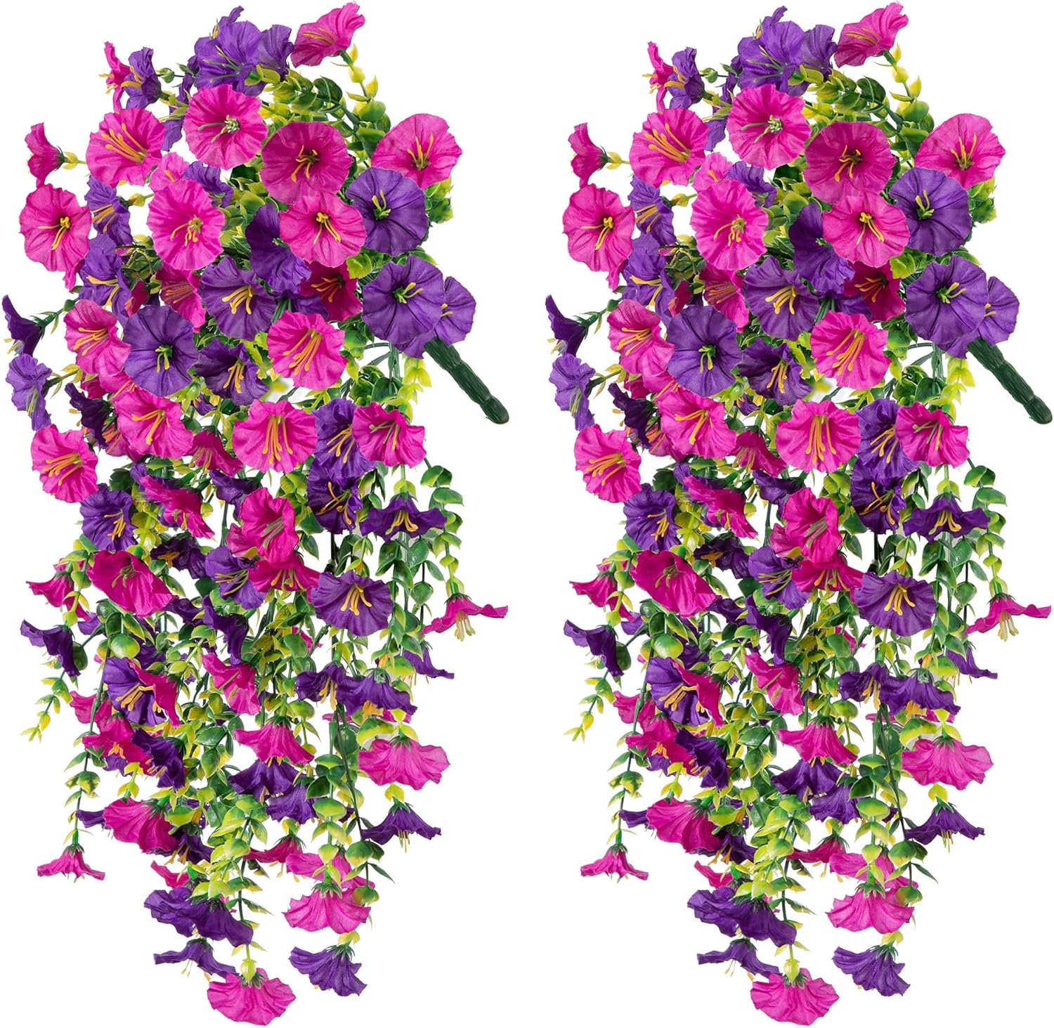 Ivydale 2 PCS Artificial Hanging Flowers Fake Plants Outdoor,Silk Morning Glory Faux Flowers with Eucalyptus Leaf,UV Resistant Realistic Hanging Petunias Plants for Home Garden Decor (Purple+Fuchsia)
