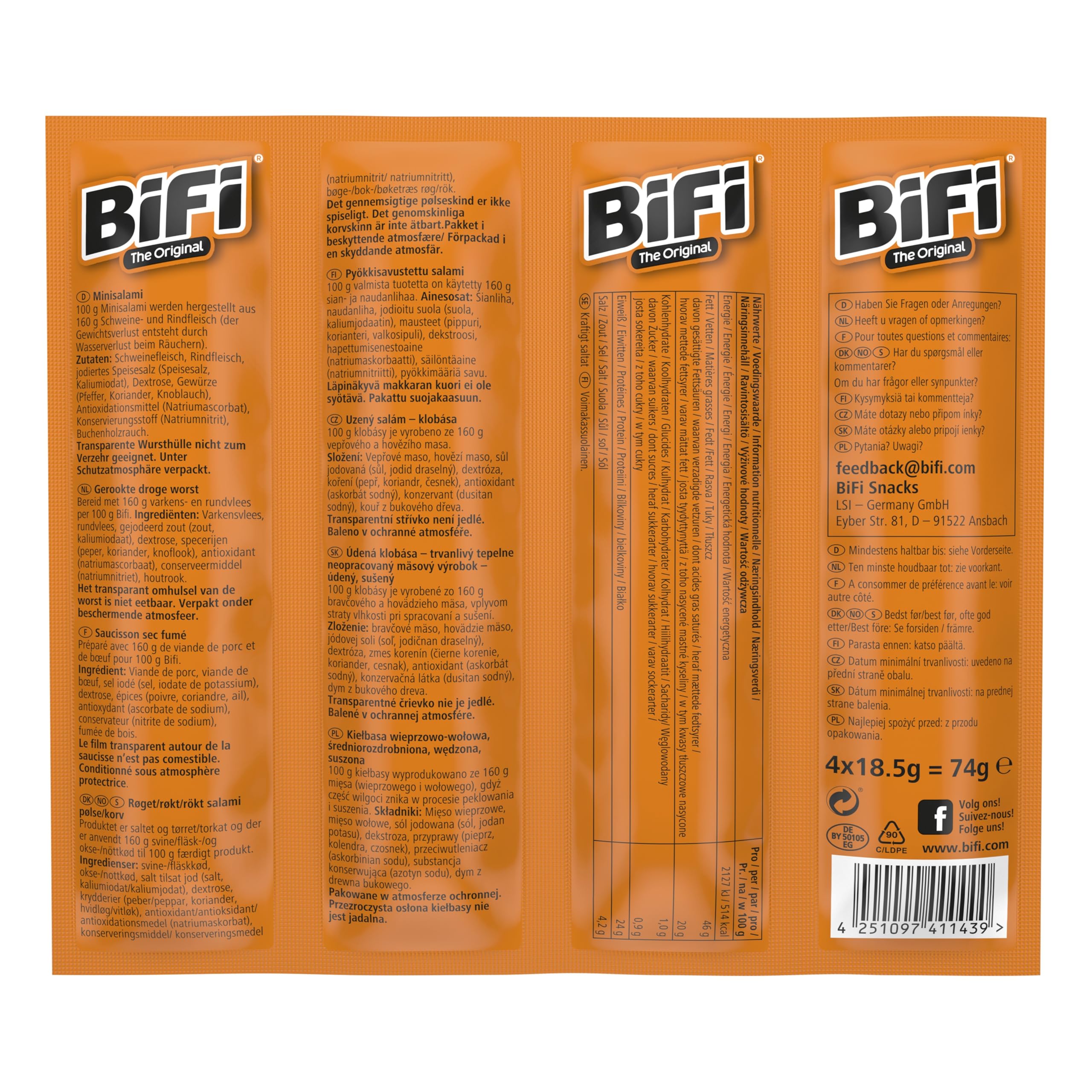 BiFi Original Tiras de salami, paquete de 64, 64 x 18,5 g, salchichón desecado para comer sobre la marcha, al aire libre, pimienta, cilantro y ajo, caja óptima para aperitivos