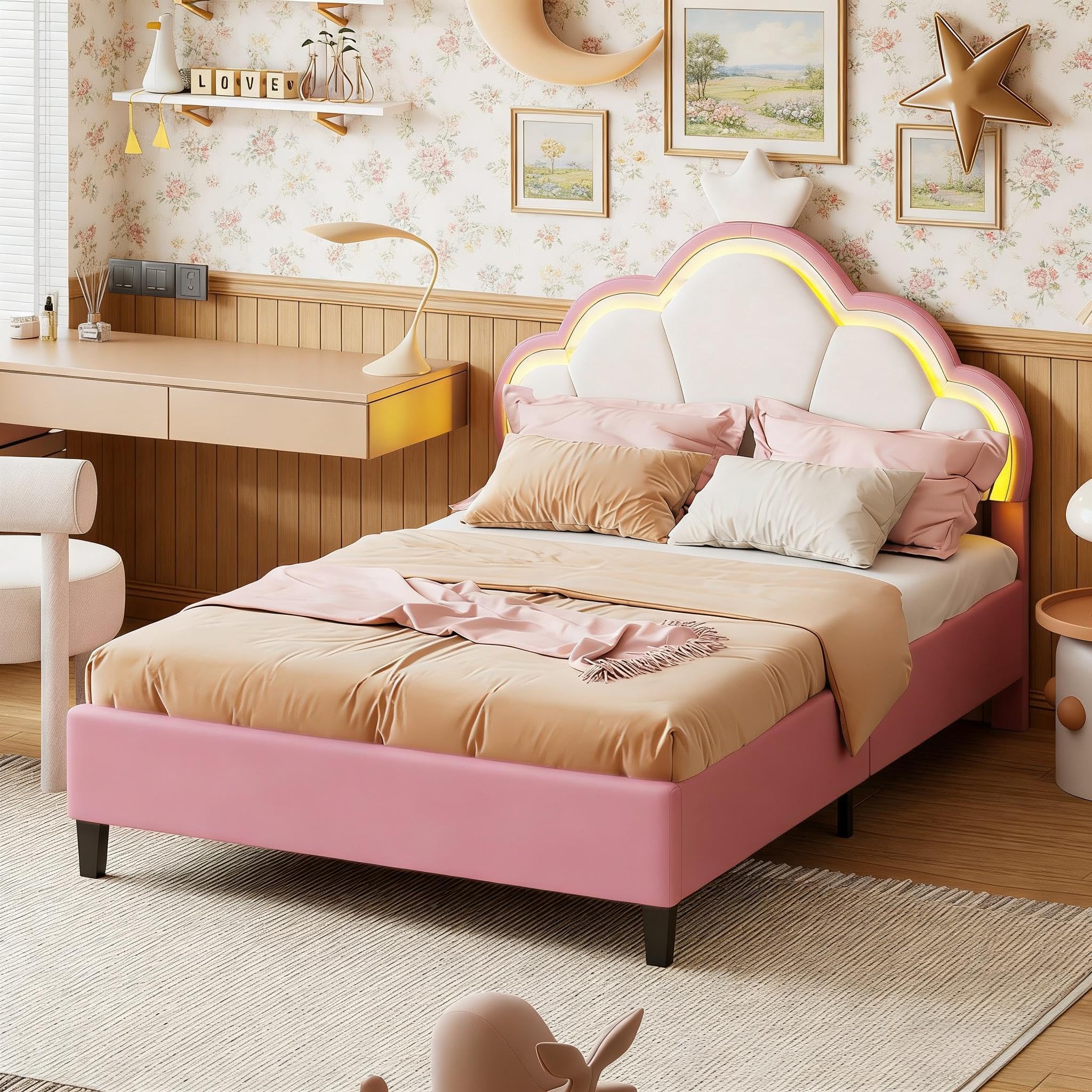 PerGar Single Bed, 3ft Single Bed Frame, LED Adjustable Cloud-Shaped Headboard, Kids Single Bed, Upholstered, Princess Bed for Adults Kids Teenagers, No Mattress, Pink, Velvet, 90x190 cm