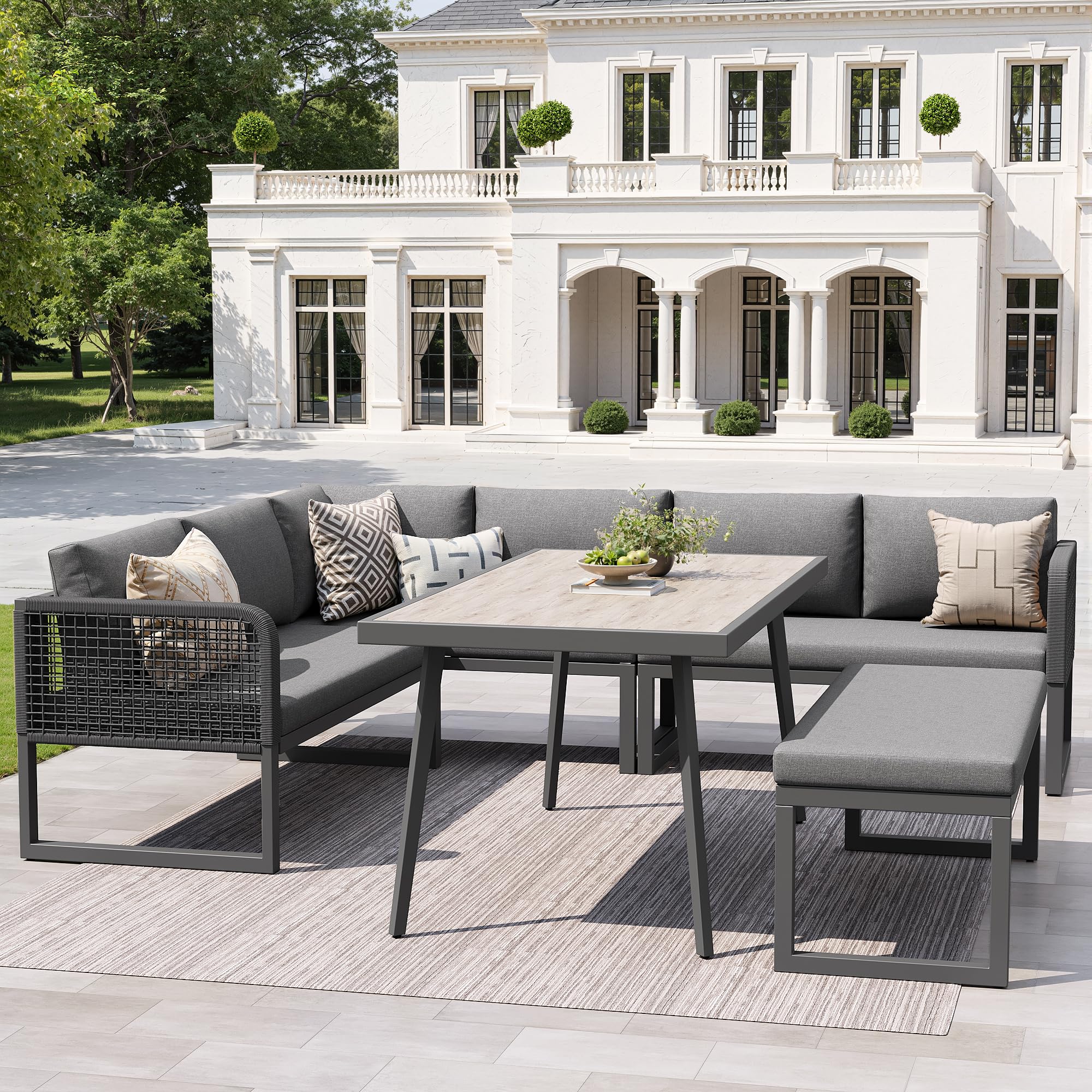 Sapgaks Salon de Jardin d'extérieur 6-8 Places,Canapé d'angle extérieur en L avec Coussin et Table,Rotin PE tissé à la Main,Ensemble de canapé de Jardin résistant aux intempéries,Gris