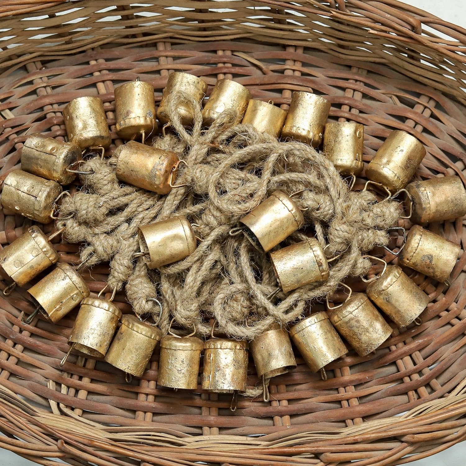 HIGHBIX 4cm Small Vintage Rustic Lucky Tin Metal Cow Bells Handmade Christmas Décor Bells on Jute Rope (30, Cylinder)