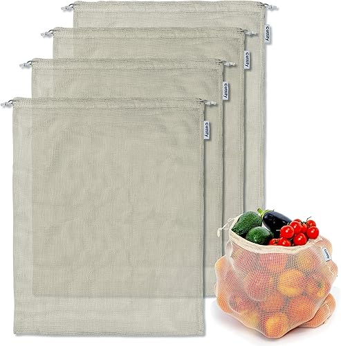 Paquete de 4 bolsas reutilizables para productos comestibles lavables XL, bolsas de malla de algodón orgánico, bolsas de verduras de doble costura,