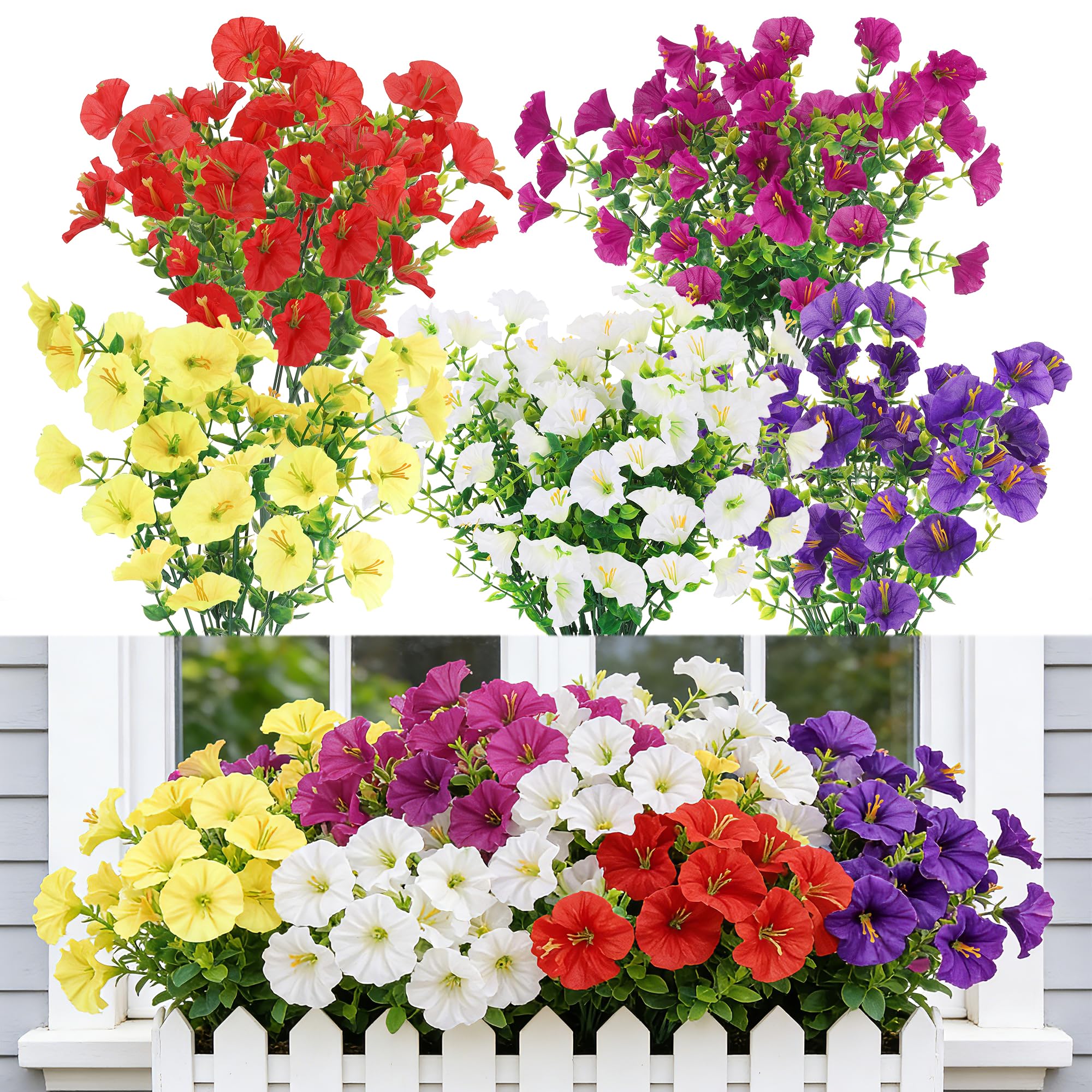 Huiguli 9 Bundles Outdoor Artificial Flowers, UV Resistant Fake Flowers, No Fade Artificial Morning Glory, Artificial Plants for Hanging Planter Home Garden Porch Window Box Wedding Decor (5 Color)