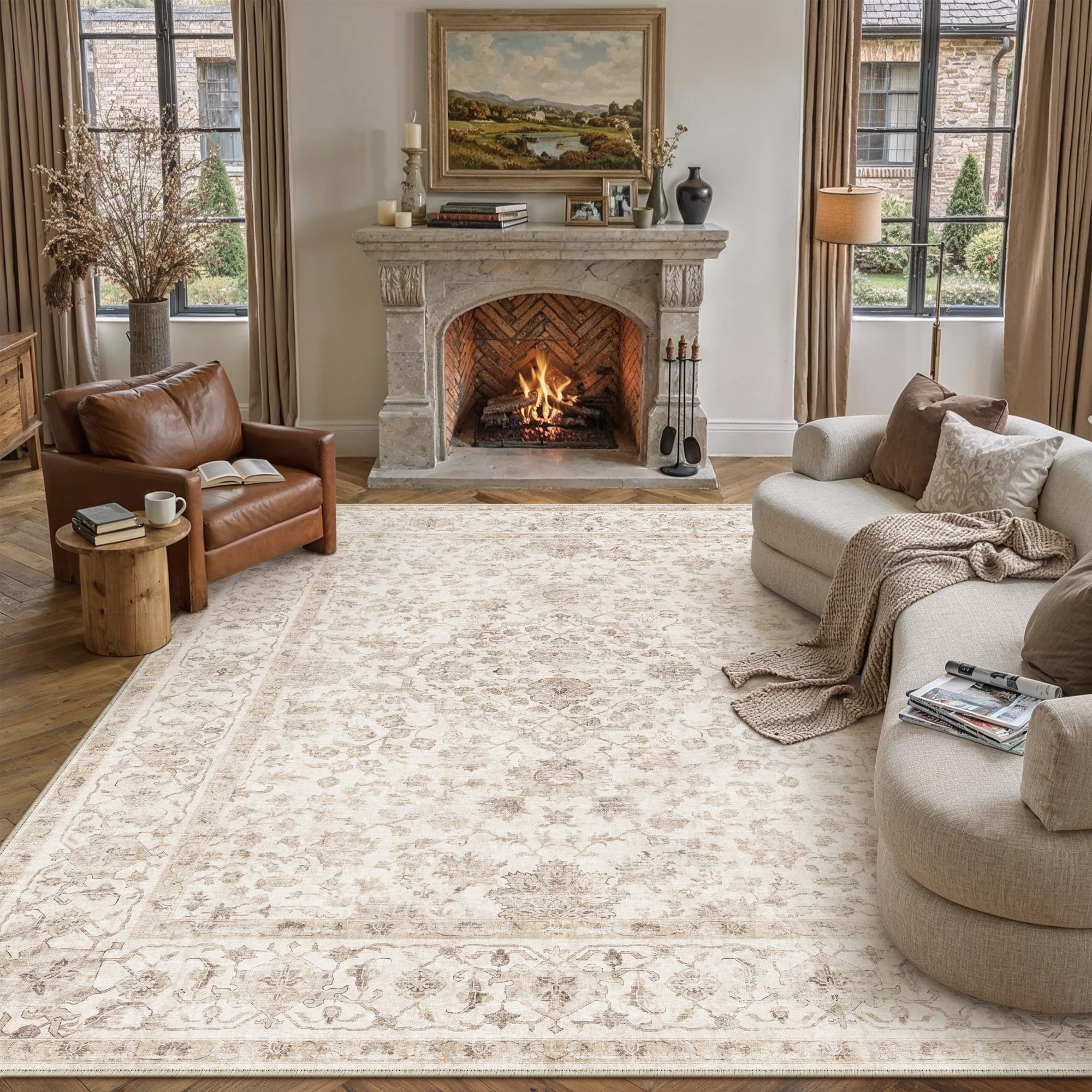 PureCozy Vintage Teppich Wohnzimmer 200x300cm Beige Waschbar Rug | Groß Teppiche,Waschbarer,Rutschfest,Weich Kurzflor,für Wohnzimmer,Schlafzimmer,Esszimmer,Büro
