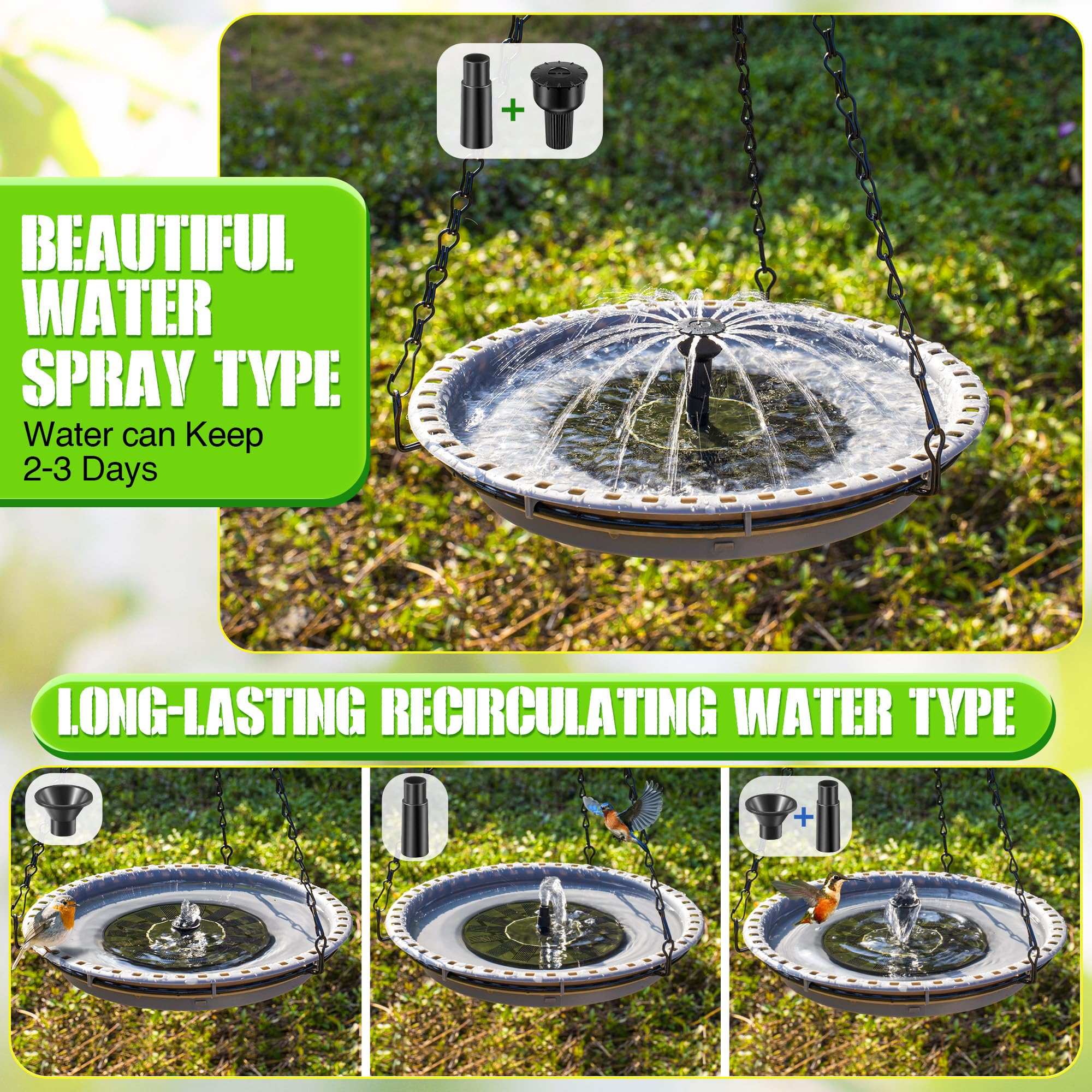 Fuente solar de baño para pájaros para exteriores con 4 patrones de agua | Juego combinado de bomba de agua de colibrí con energía solar colgante para jardín, patio, césped