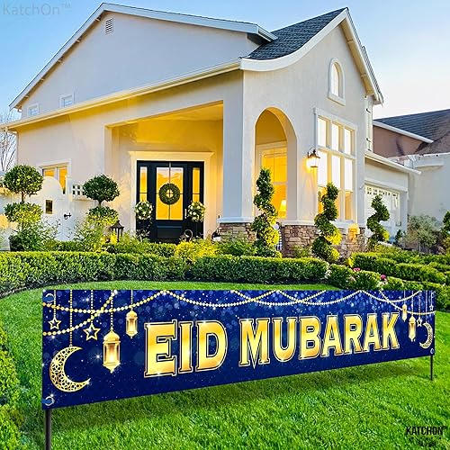 Miniatura 5 de KatchOn, Decoraciones de pancarta de Eid Mubarak, grande, 120 x 20 pulgadas, decoraciones Eid para el hogar 2024, letrero de Eid Mubarak, telón de