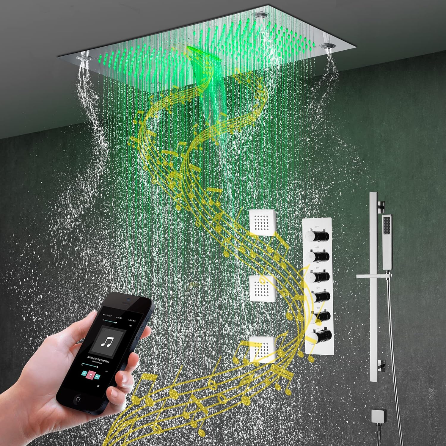 Cascada Luxury 16”x28” Music LED shower system with built-in Bluetooth Speakers, 5 functions (Rain, Waterfall, Mist Outlet, Body Jet & Hand Shower) & Remote Control 64 Color Lights (Brushed Gold)