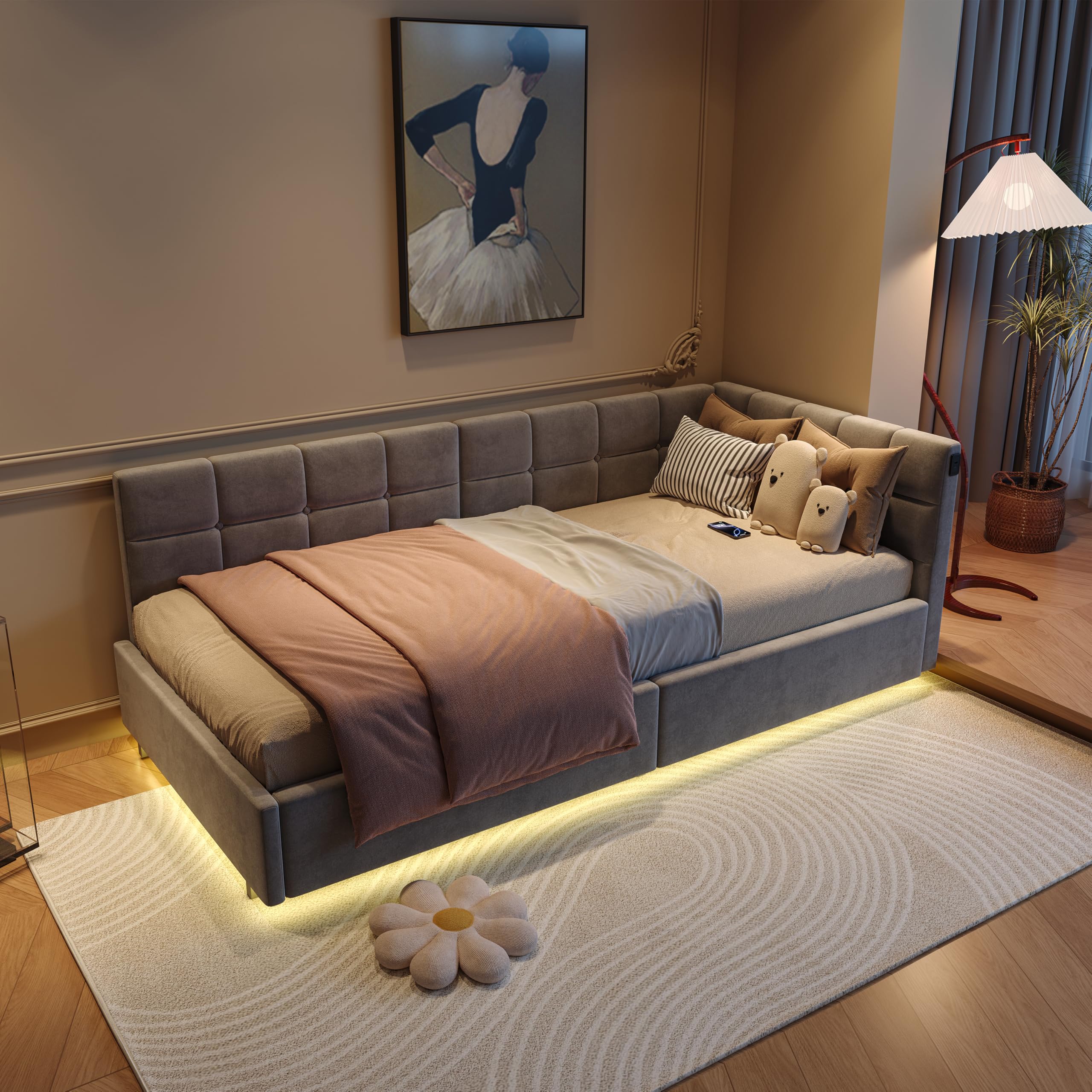 Łóżko dziecięce 90 x 200 z oświetleniem LED i gniazdem USB, hydrauliczne miejsce do przechowywania, sofa 90 x 200 z wymiennymi ścianami bocznymi, łóżko tapicerowane z platformą, aksamit