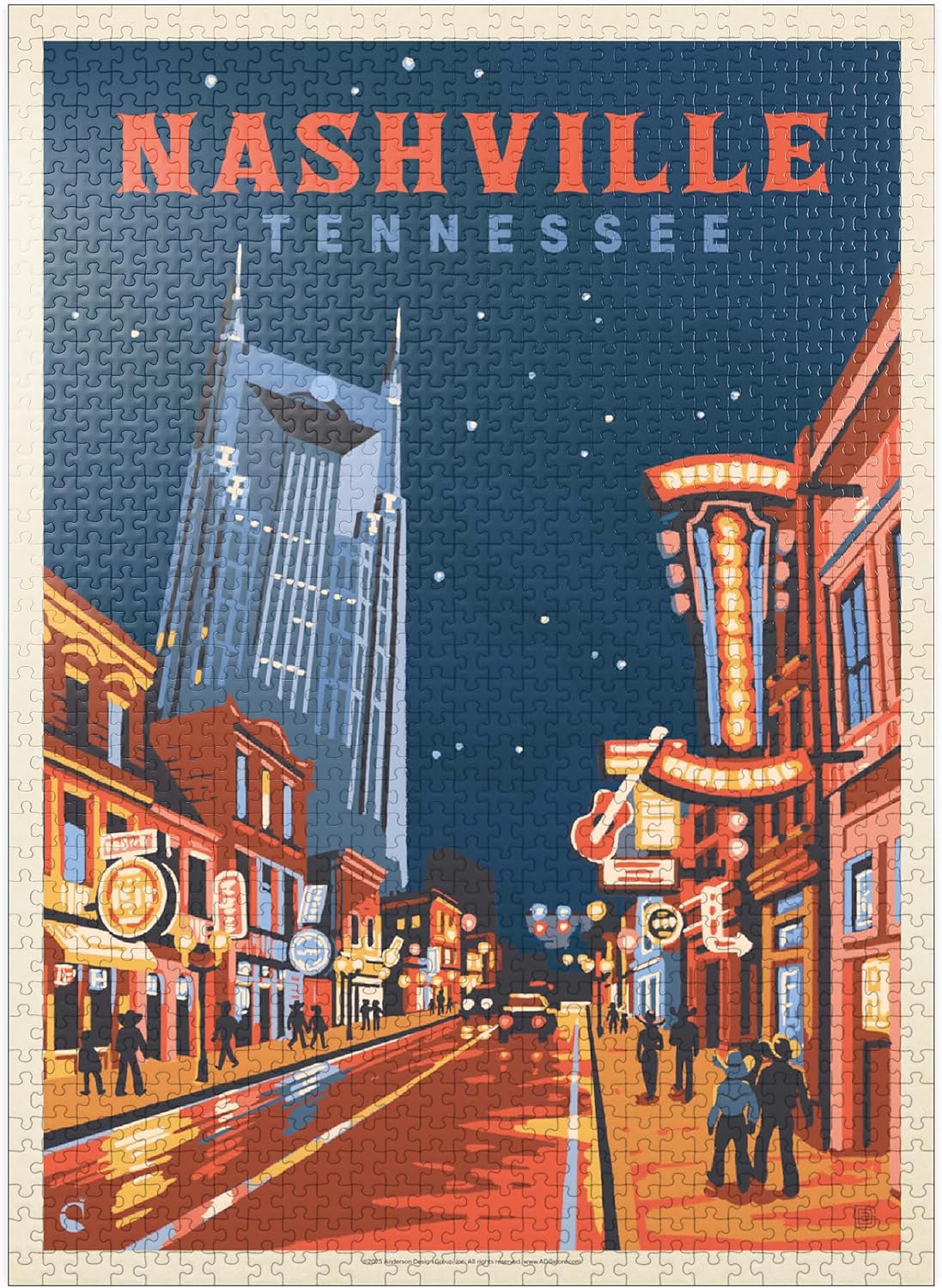 MyPuzzle Nashville, TN: Broadway Lights, Vintage Poster - Premium 1000 Piece Jigsaw Puzzle for Adults