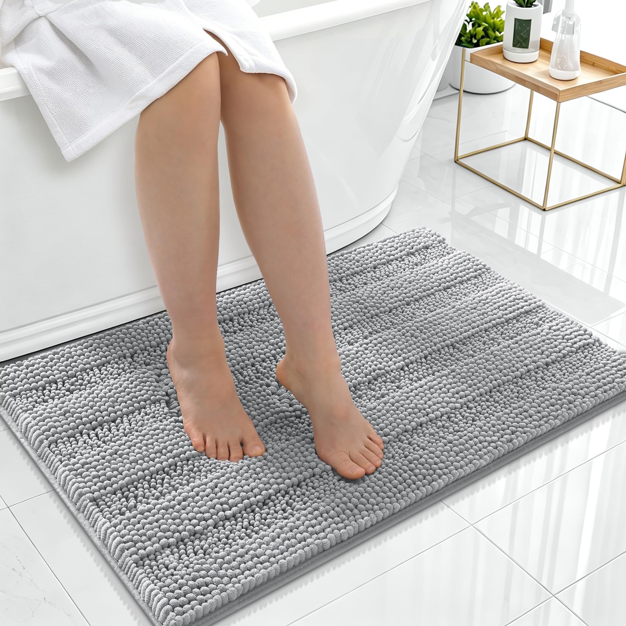 Smiry Thick Chenille Bathroom Rugs 36x24, Absorbent Bath Mat, Light Grey