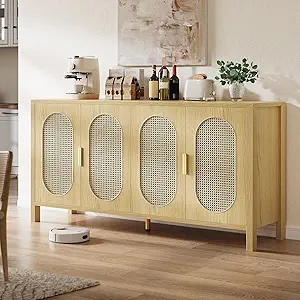 DWVO 4 Door Dressers Storage Cabinet Natural Rattan Oak Wooden Chest with Golden Handles - Modern Large Closet Boho for Living Room/Hallway/Entryway
