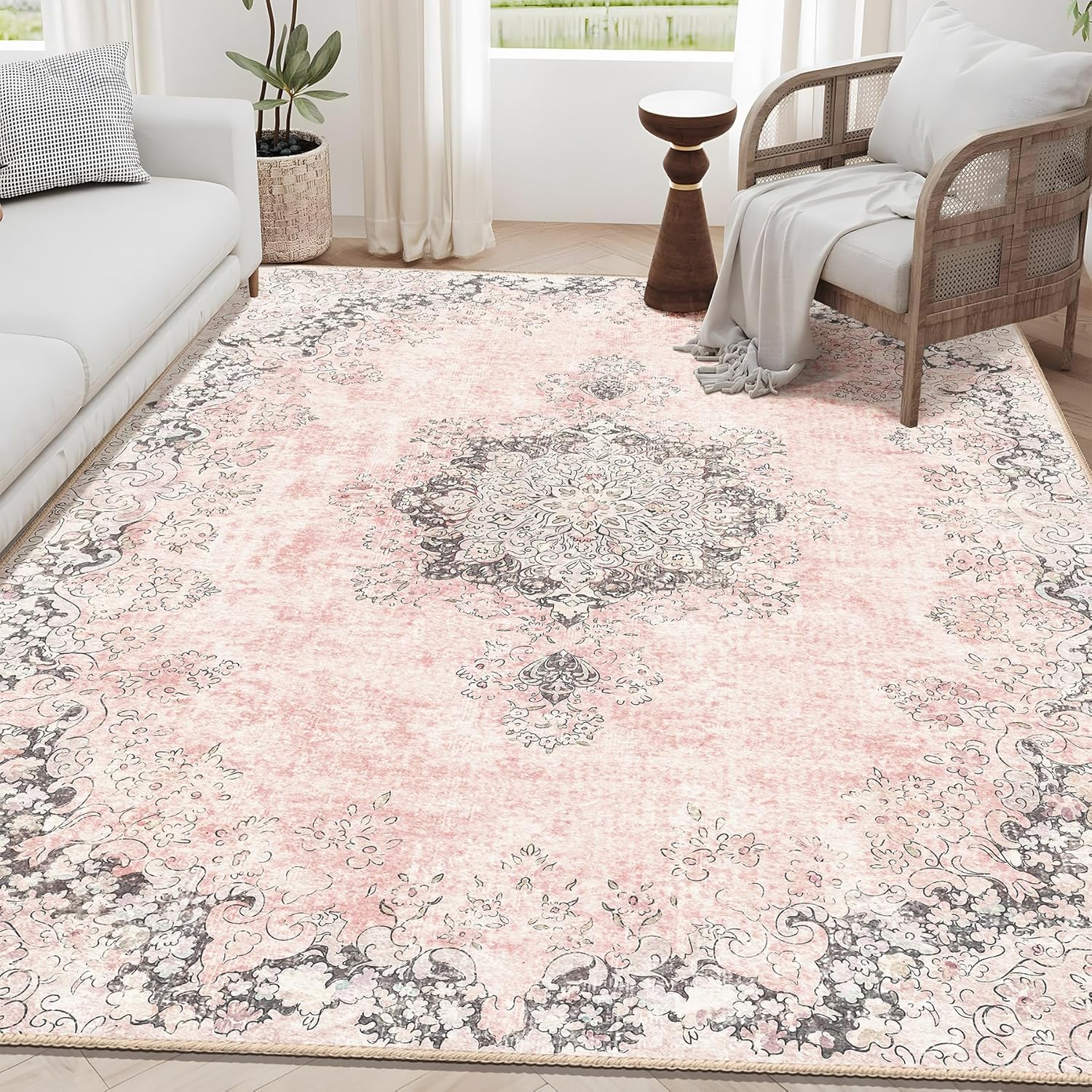 5x7 Area Rugs Pink Washable Rug for Living Room Bedroom Kitchen, Vintage Boho Retro Non Slip Accent Carpet Soft, Floral 5' x 7' (Rectangular) Pink