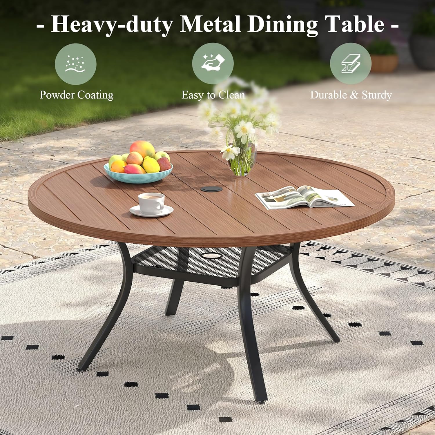 47.2" Patio Dining Table for 6, Round Outdoor Metal Dining Table with Umbrella Hole for Lawn Garden Backyard, Walnut