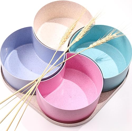 Miniatura 1 de Bandeja de paja de trigo con tapa, bandeja dividida para servir, bandeja de alimentos, bandeja de aperitivos de 9.5 pulgadas, incluye 4 cuencos con