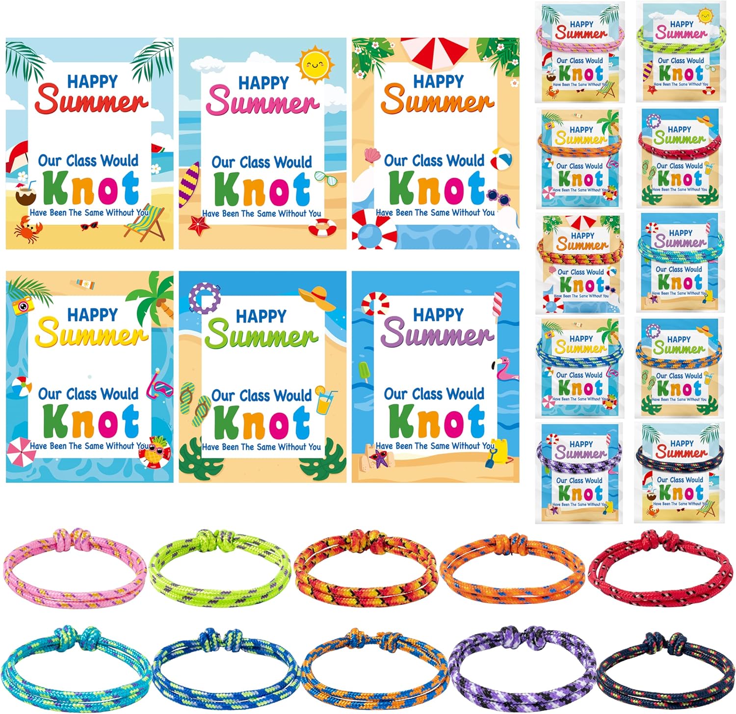 ANGOLIO End of Year Gifts for Kids Bulk 30 Sets Happy Summer Graduation Knot Friendship Bracelets with Cards for Students Classroom Kindergarten Summer Grad Gifts 2026 Last Day of School Party Favors