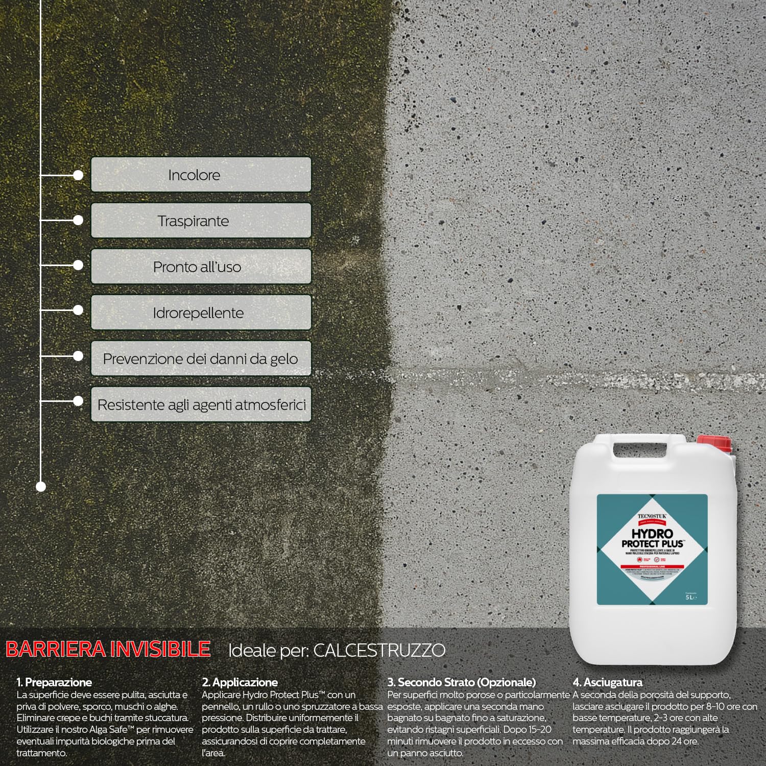 HydroProtectPlus Impermeabilizzante Terrazzi Nanotecnologico Trasparente - Idrorepellente per Pietra, Marmo, Cotto, Cemento, Mattoni - Traspirante Impermeabile per Piastrelle per Esterno (5 LITRI)