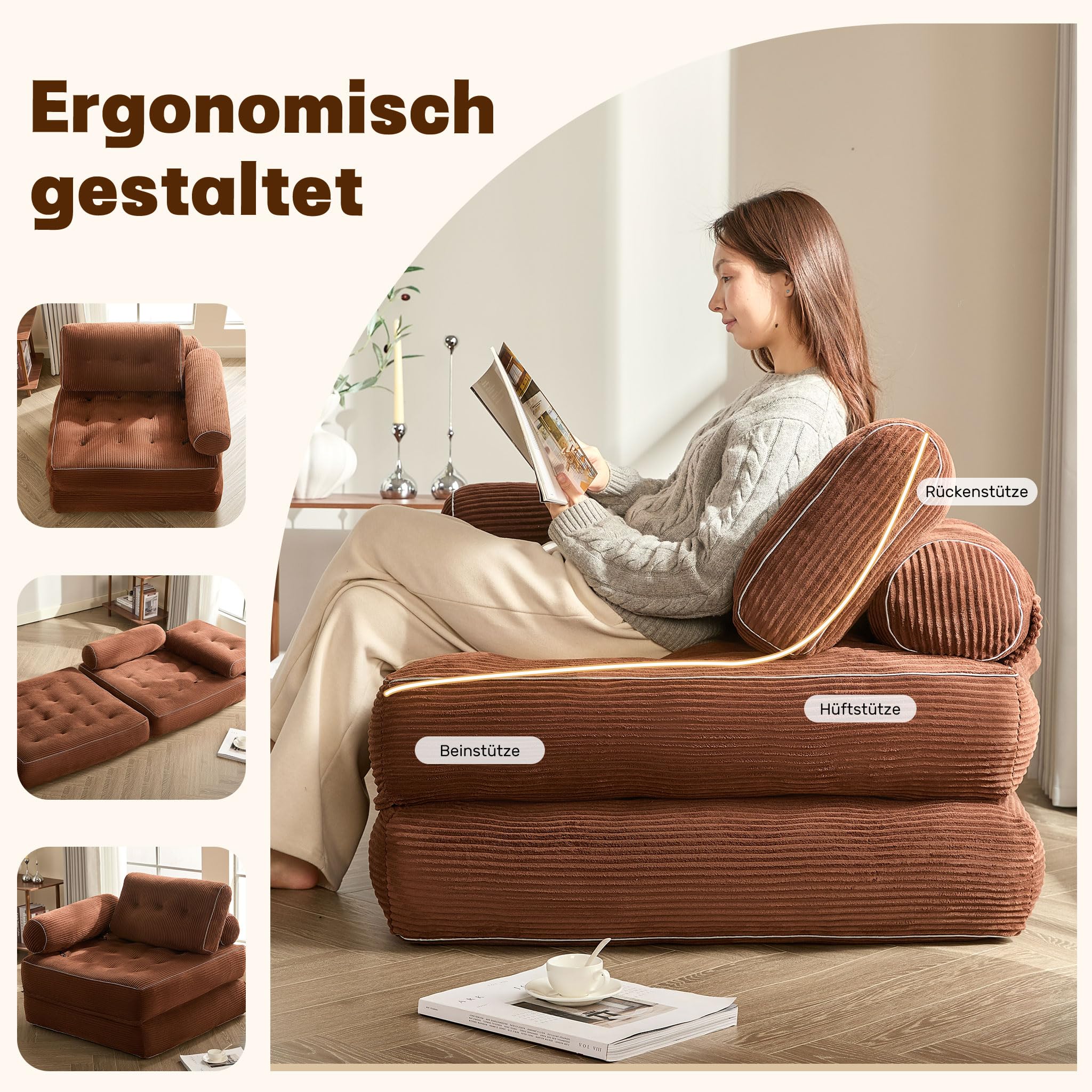 Faltbares Schlafsofa – Sitzsack-Sofa, Relaxsessel, Spielsofa, Schlafsofa & Gästebett für kleine Räume, Sessel fürs Schlafzimmer & Wohnzimmer (Braun, 89.9 cm)