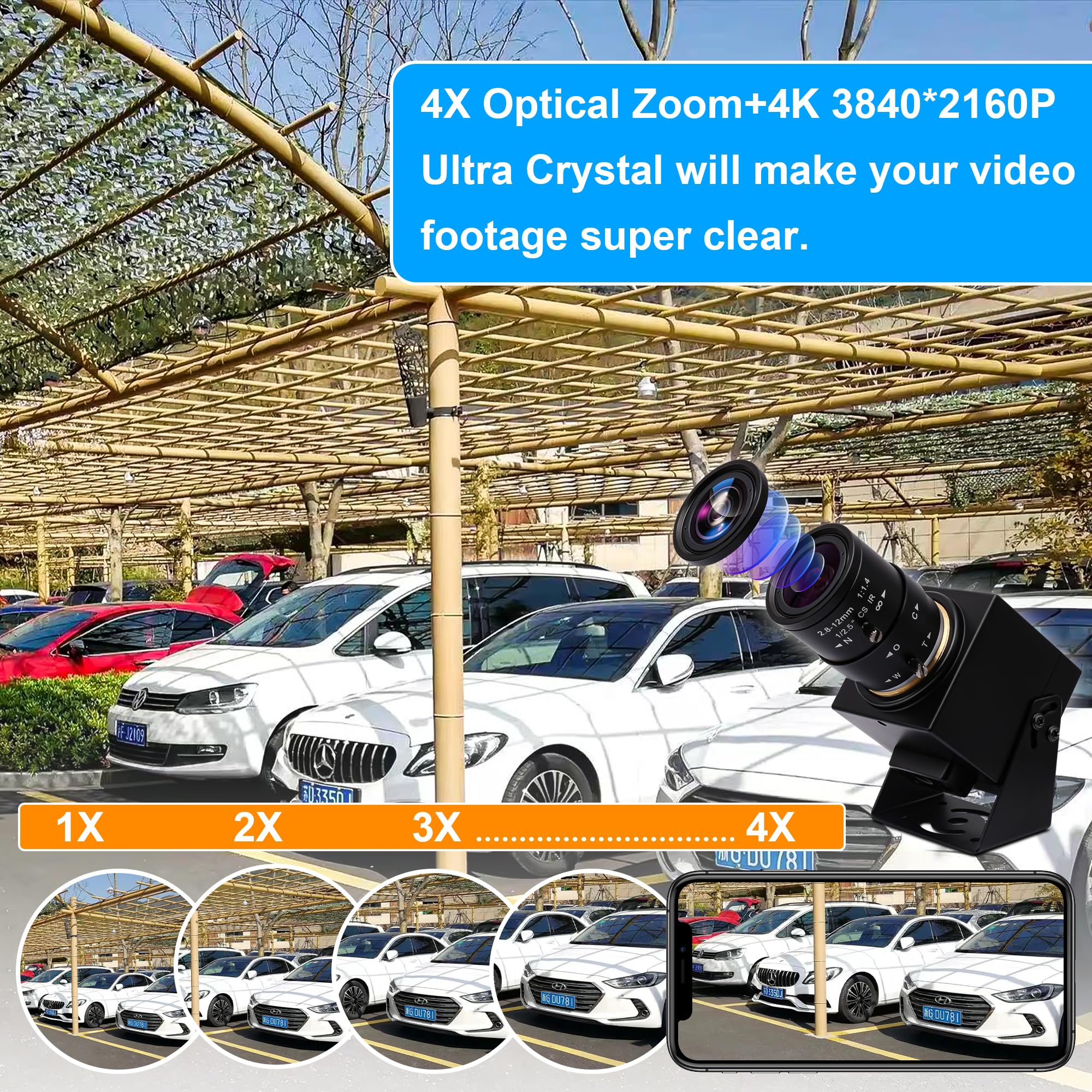 ELP Caméra USB HDMI 4K – Webcam zoom 2,8–12 mm 4X avec réglage manuel pour ordinateur, TV, projecteur, moniteur