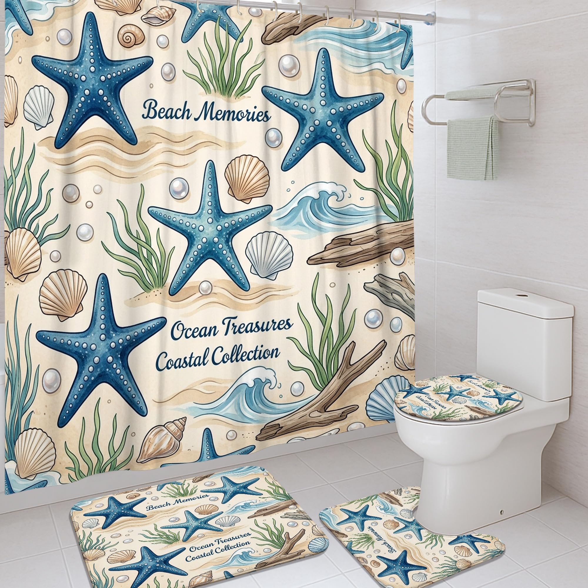 Rideau de douche coquillages nautiques et tapis de bain bleu en toile 183 x 183 cm