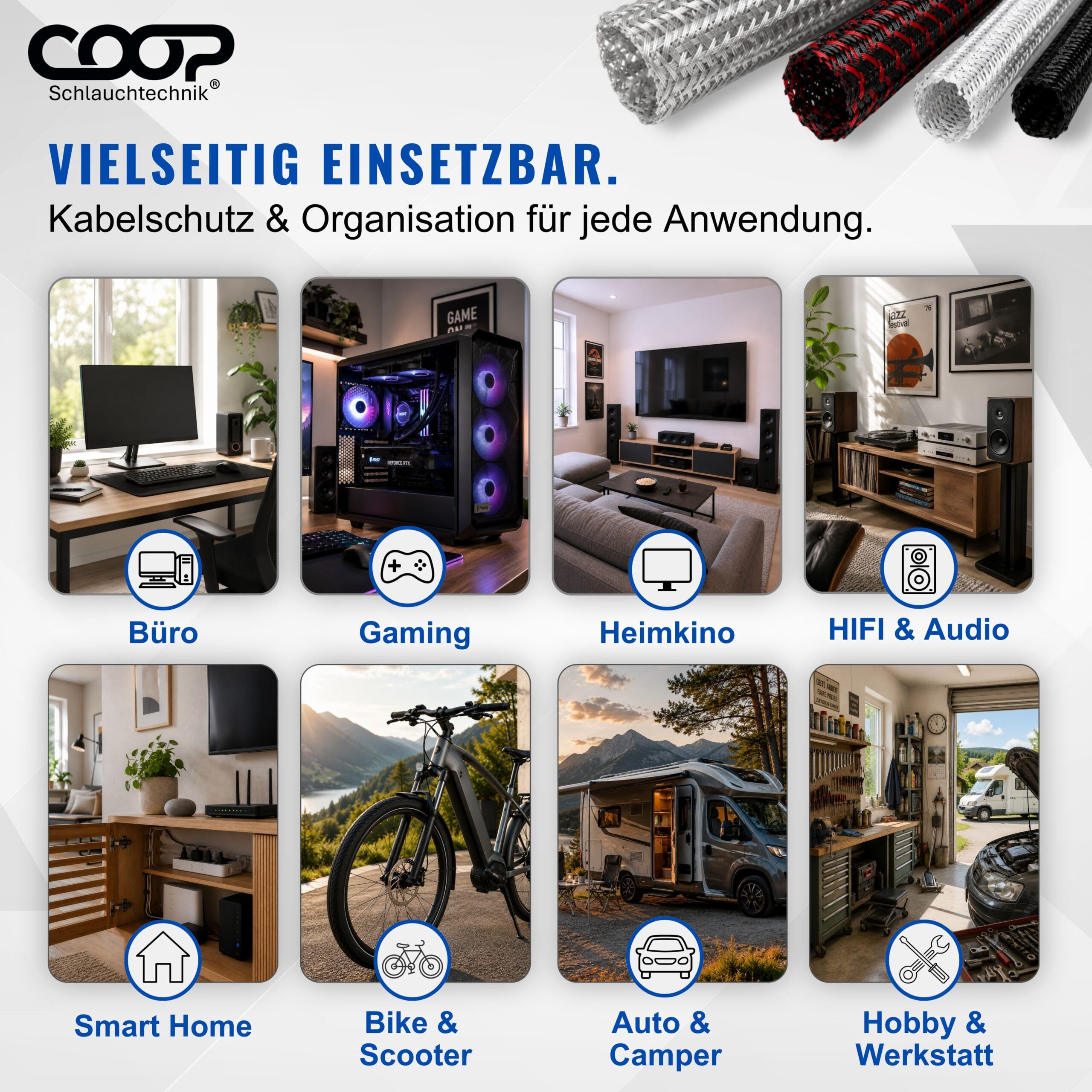 COOP Gaine de câble Ø 32 mm x 8 m Noir – Tuyau en tissu autobloquant – Protection de câble découpable – Goulotte flexible – Gestion des câbles pour TV, ordinateur, home cinéma, véhicule et bureau