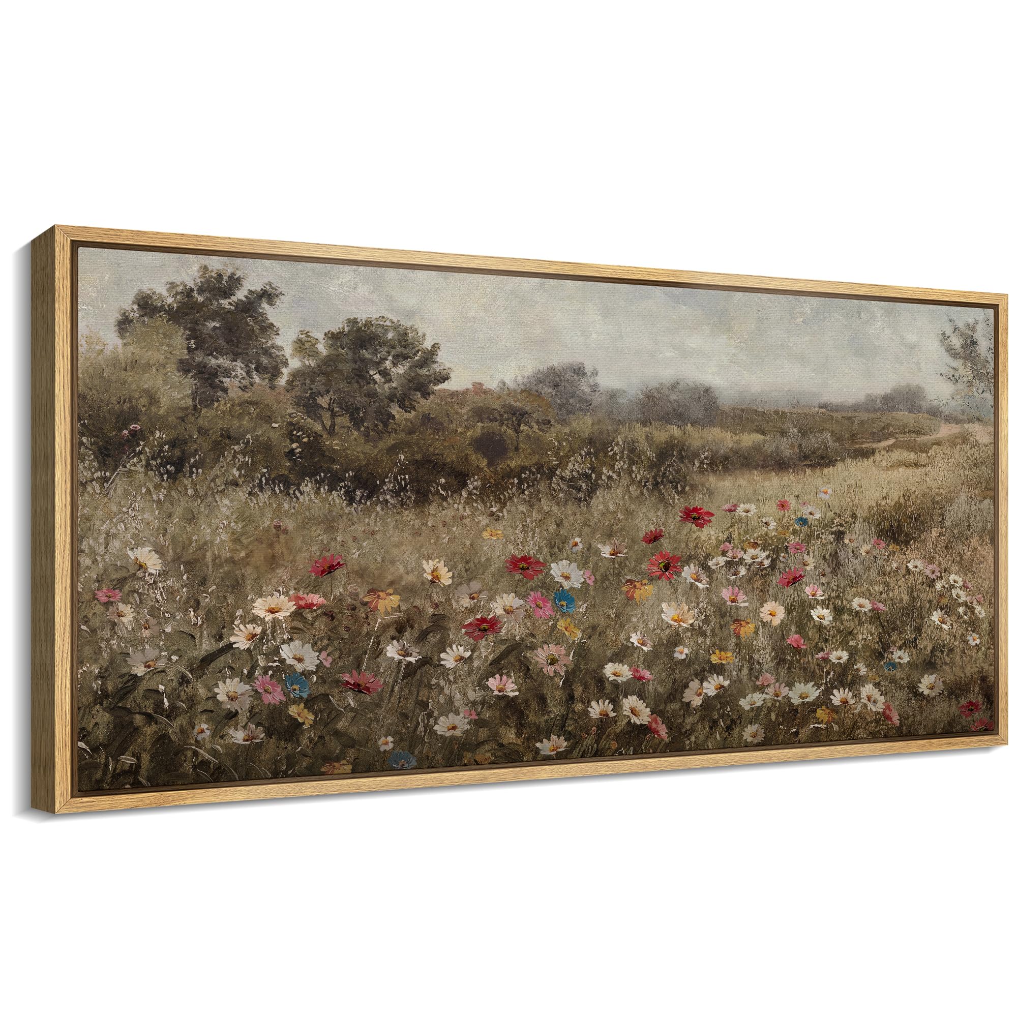 SIGNFORD Extra Large Framed Canvas Print Wall Art Wildflower Meadow Landscape Rustic Field with Vibrant Flowers Illustrations Modern Art Calm Warm for