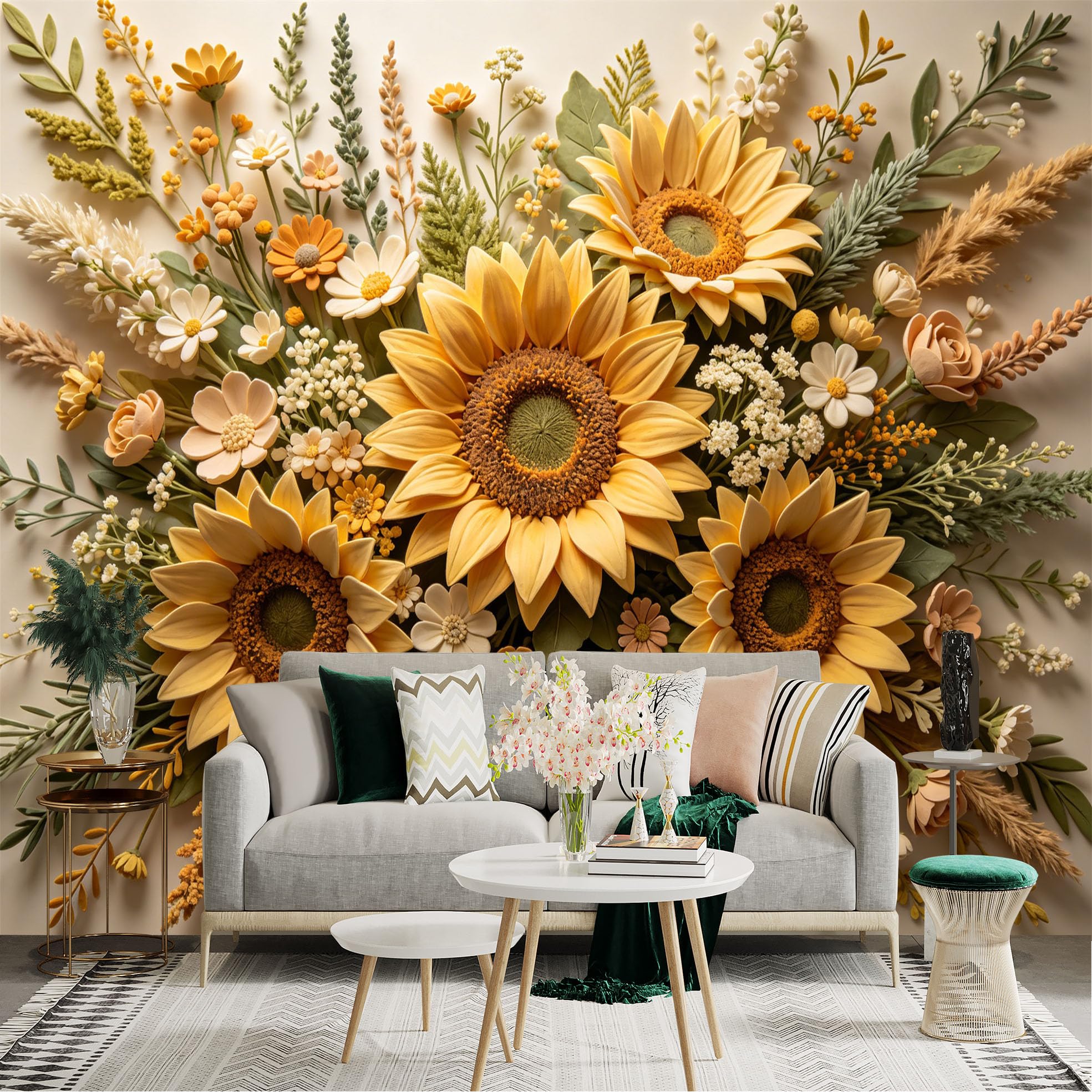 Lnzczhyre Dbh260521874 Custom Size Wall Sticker Mural， Beautiful Sunflower Bouquet With Delicate Wildflowers， Warm Floral Arrangement For Home Interior， For Wall Decoration， Peelandstick Wall Decals.