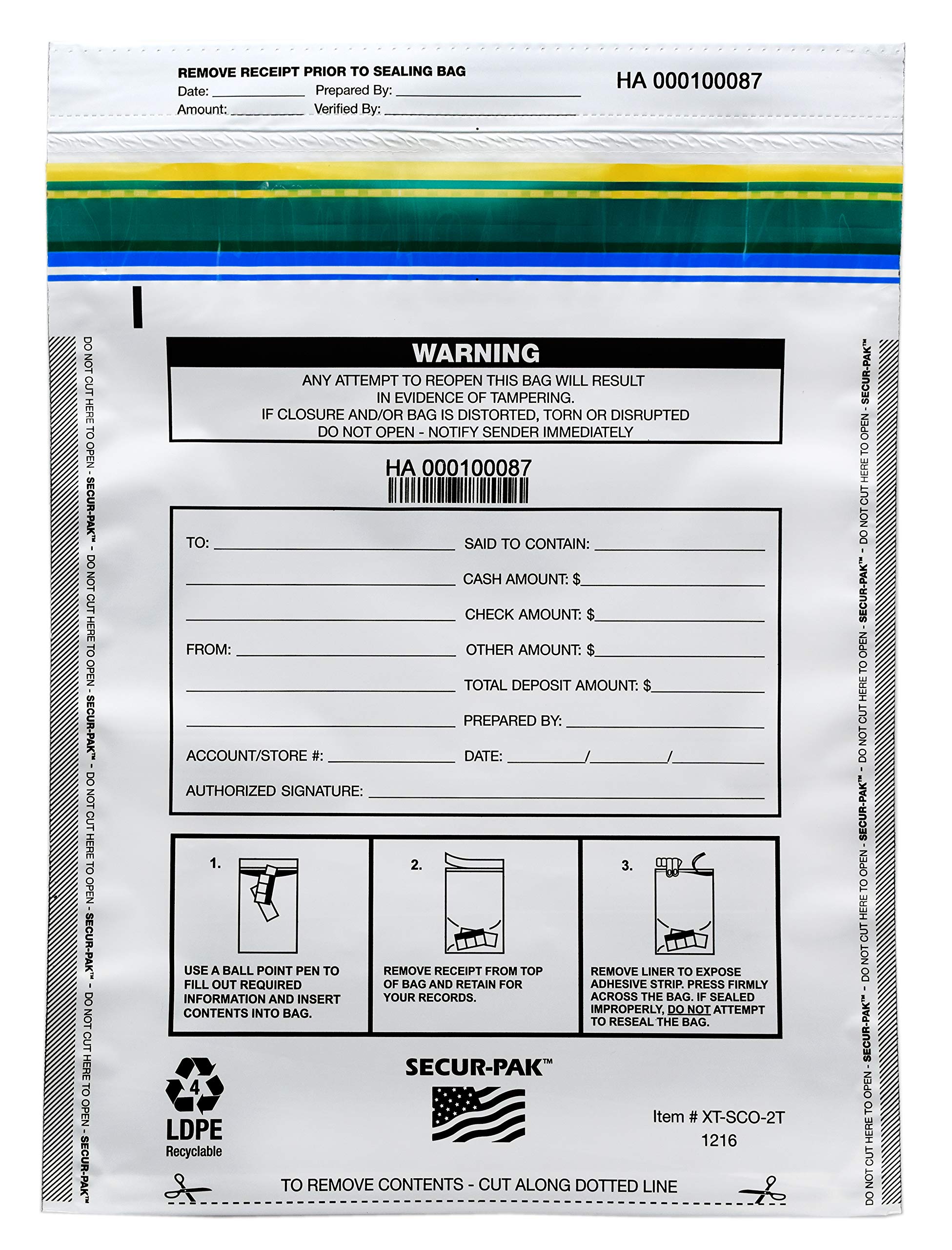Deposit Bags - Pack of 100 - Bill Capacity, 2,000 - Premium, Level 4 Security Tamper Evident, White Security Bags - Self Sealing, Opaque 2.5 Mil Plastic - 12" x 16" - SECUR-PAK