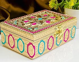 Trendifly Handmade Wooden Oxidised Jewellery Organizer Storage Box With Lock Medium Size | Wood Jewel Necklace Earrings Ring Multipurpose Organiser Box | Wedding Anniversary Pooja Return Gift Box