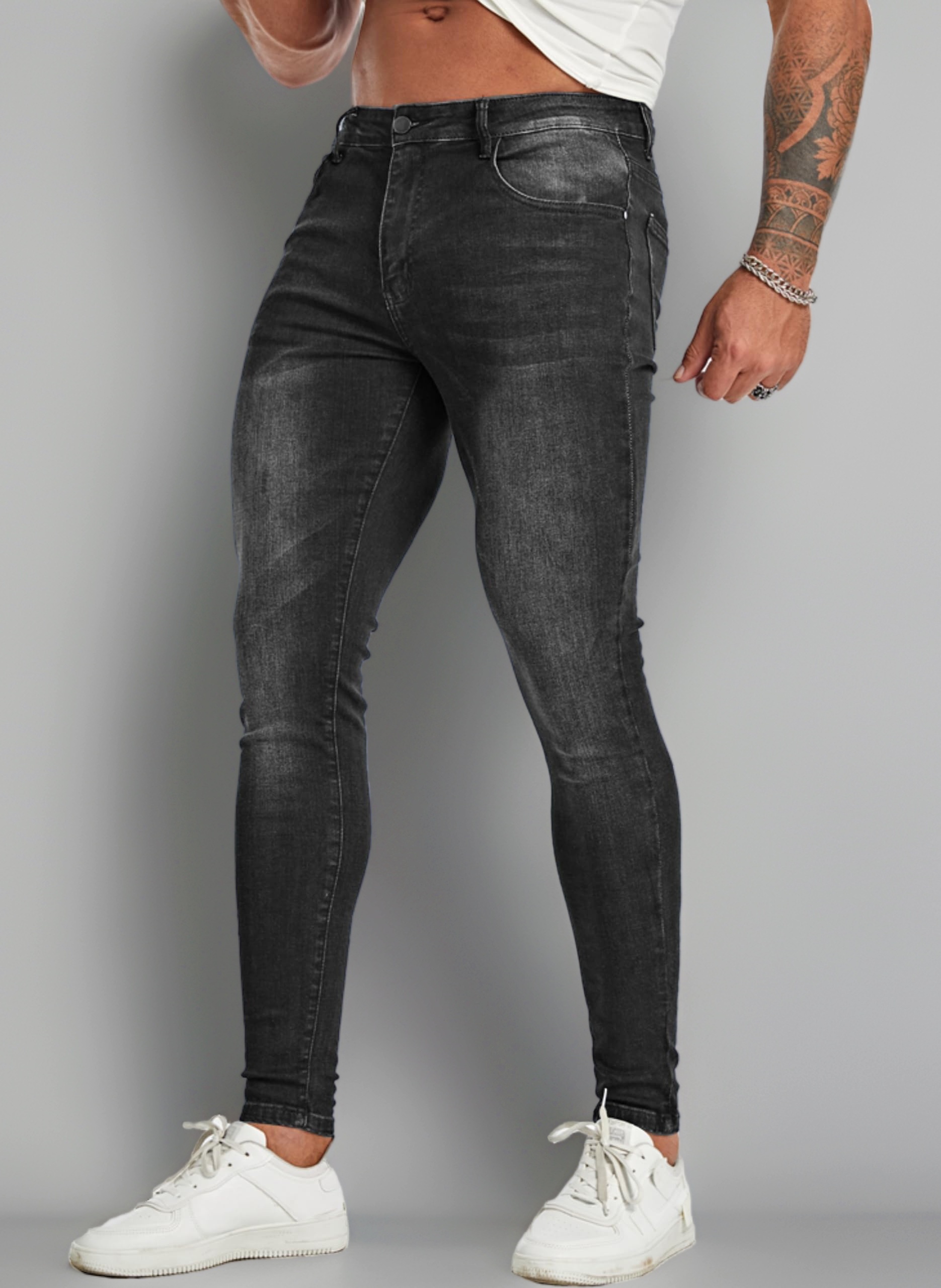 Men's Super Skinny Stretch Tapered Leg Slim Fit Ripped Distressed Jeans