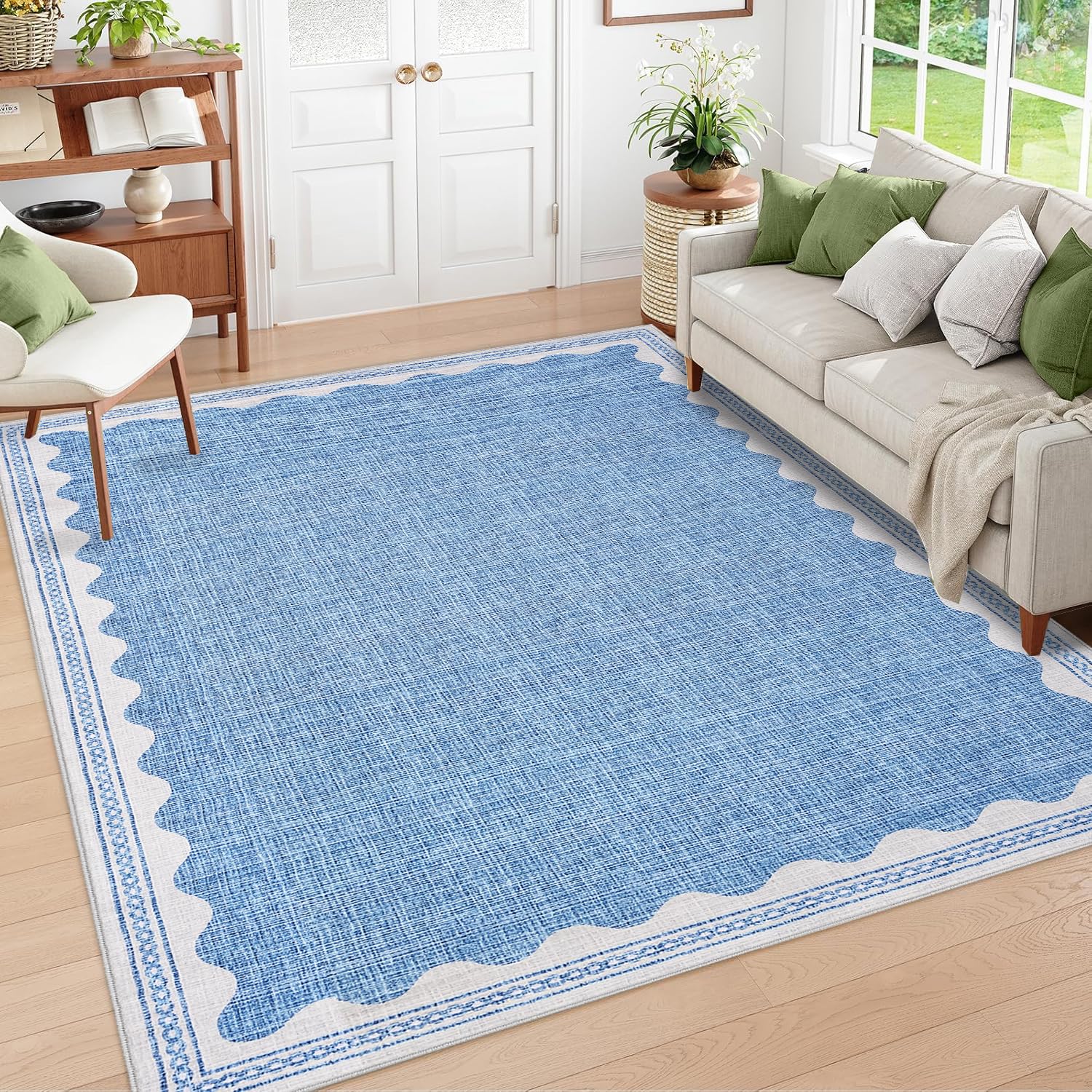 CAREMEE Scalloped Washable Rug 8x10 Area Rugs for Living Room, Solid Blue Rug for Bedroom Girls, Non Slip Throw Carpet with Rubber Back, Soft Dorm