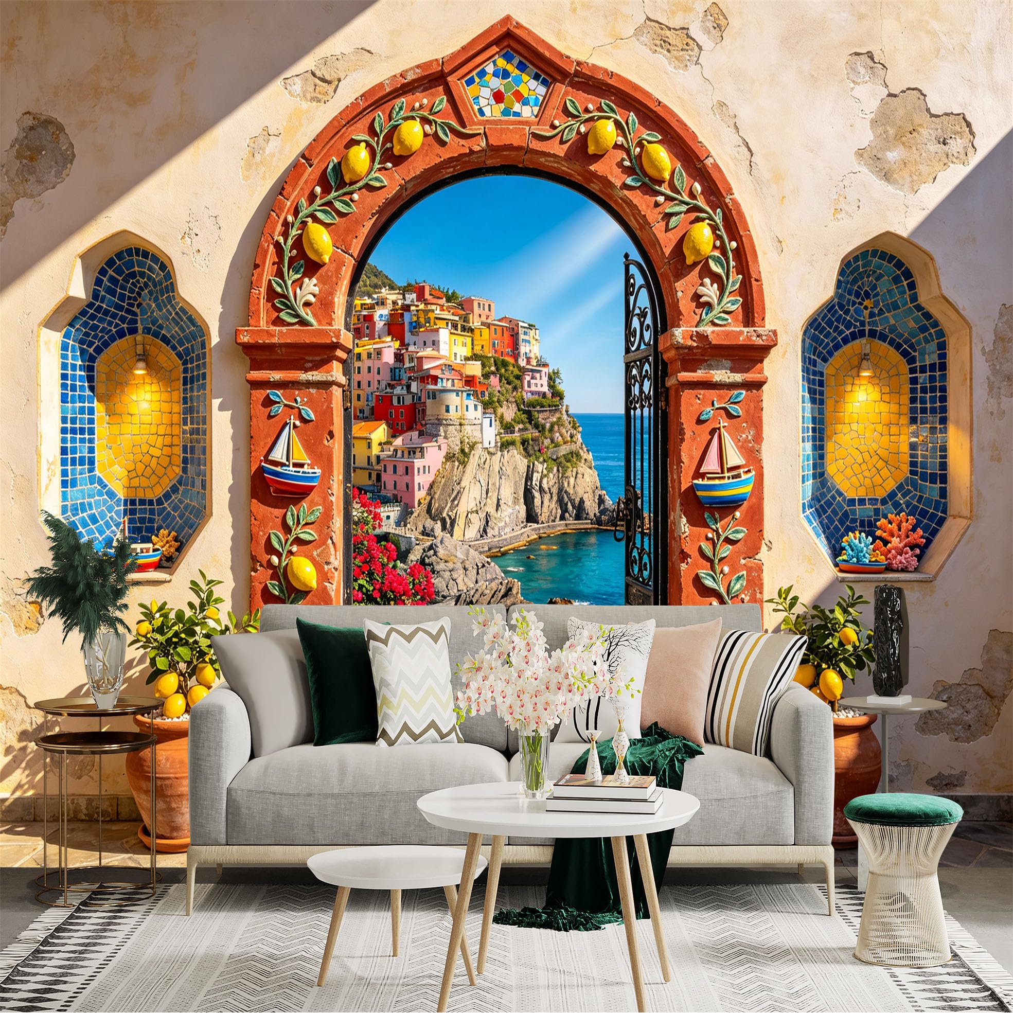 Custom Size Wall Sticker Mural， Mediterranean Coastal Village Archway Sea View Mosaic Art， for wall Decoration， peelandstick wall Decals.