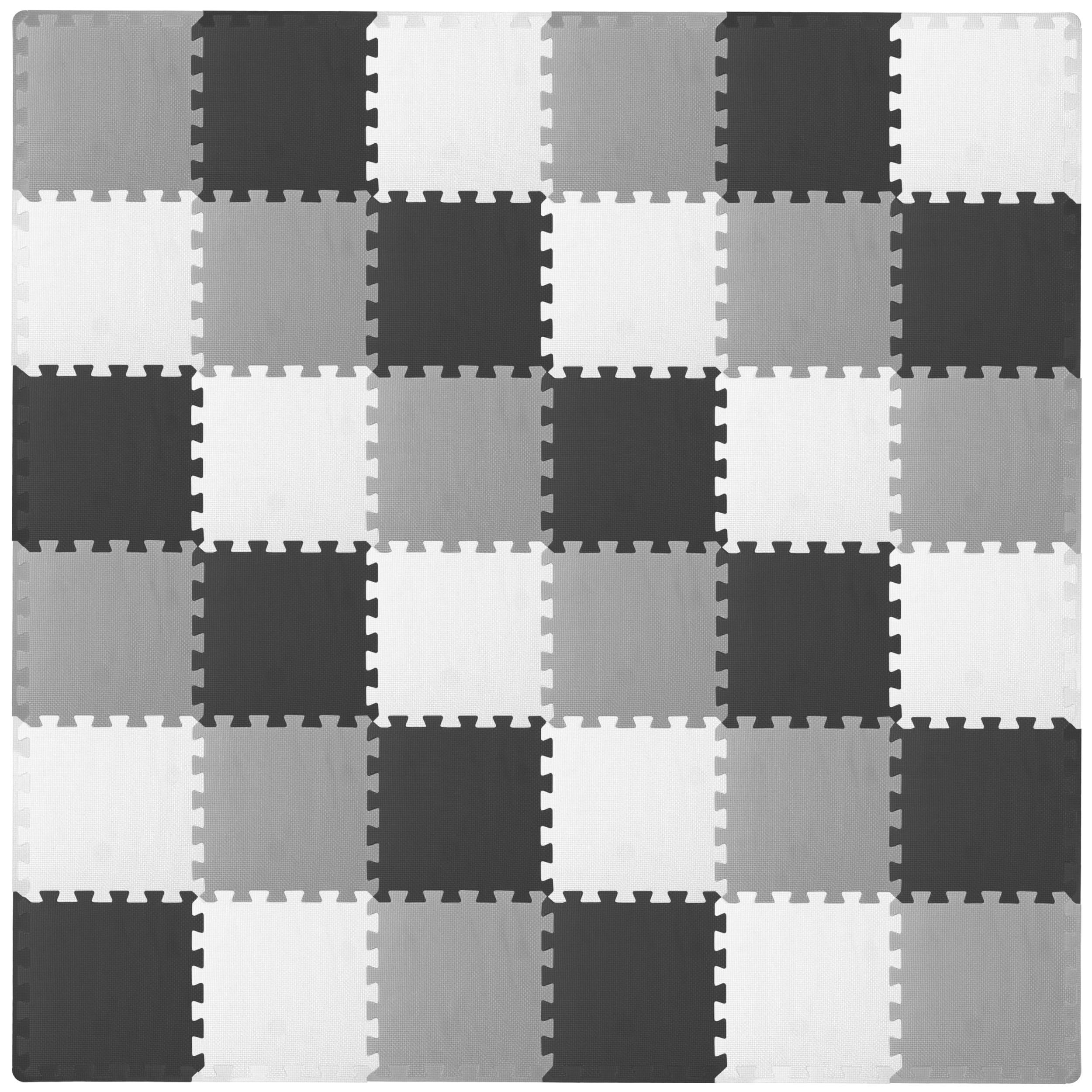 ProSource Baby Play Mat, Soft Foam Floor Tiles for Kids, Interlocking EVA Panels for Playpen Use, Crawling Development Surface, Safe Non-Toxic Toddler Flooring, 36 Tiles, Black/Gray/White