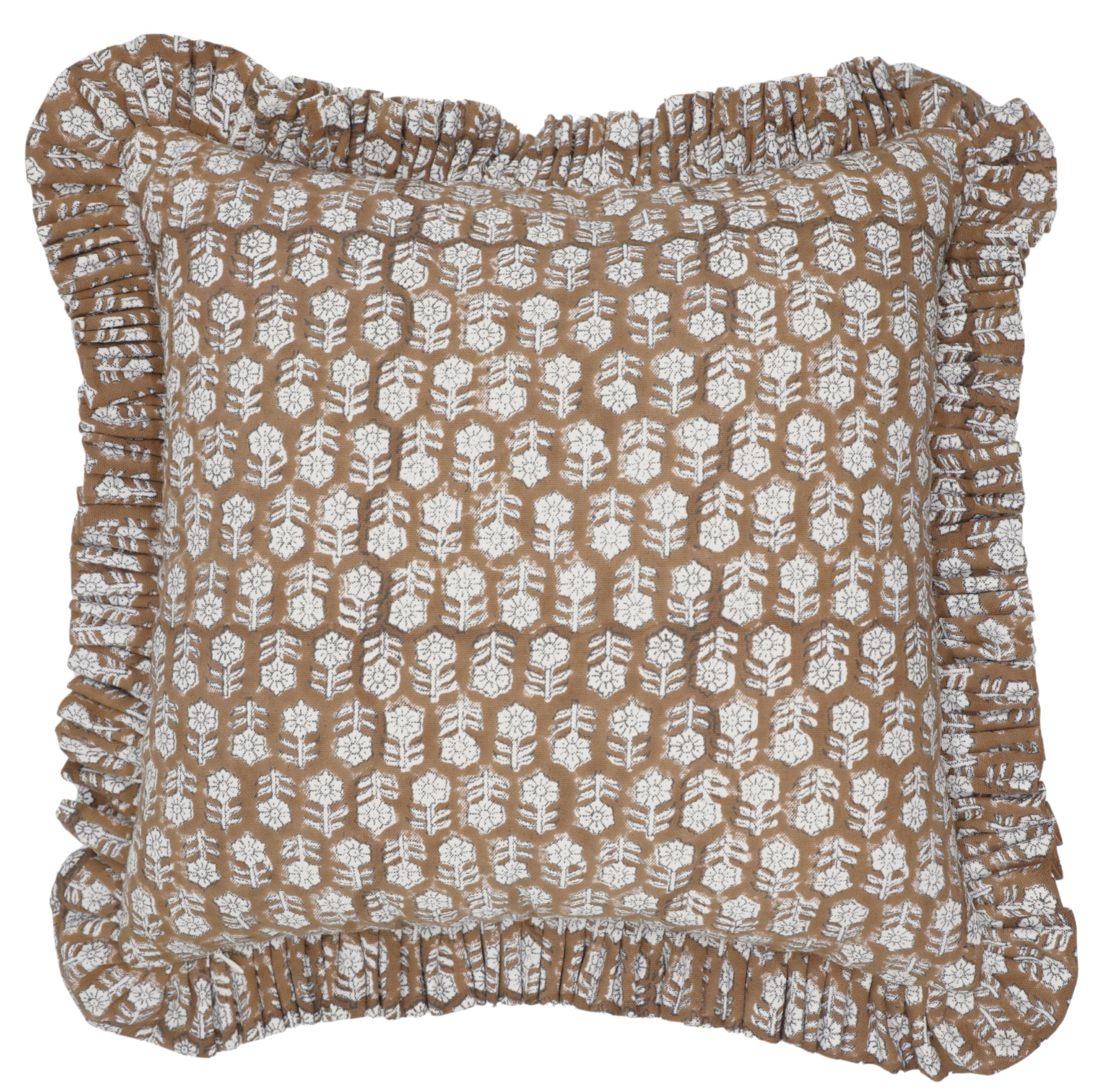 Block Print Thick Cotton White Both Side 14"X36" Ruffle Pillow Covers, Handmade (Tulsi Buti,Camel Brown)