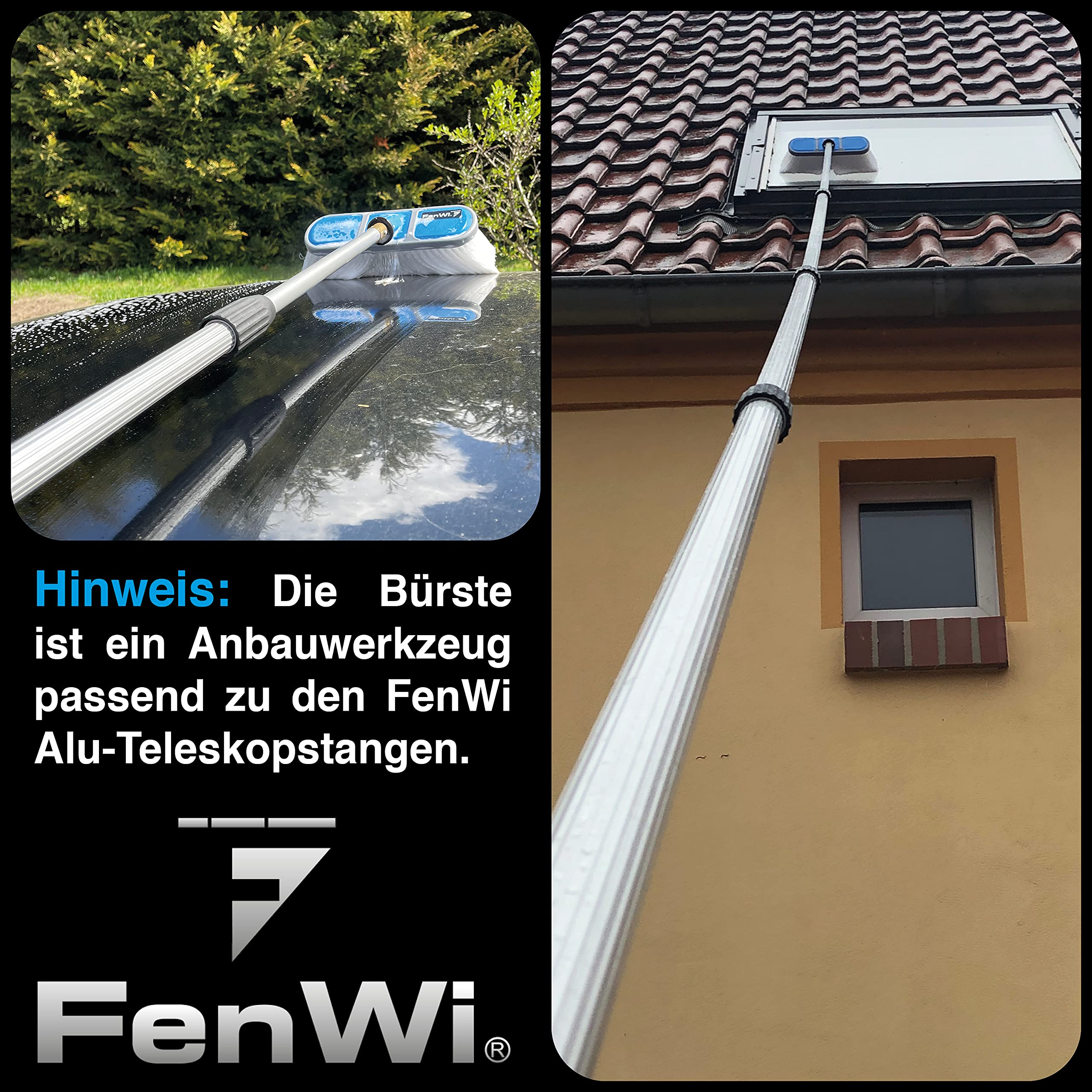 FenWi Waschbürste blau mit weißen Schonborsten/Glasbürste für Glasflächen und Photovoltaik/Solarbürste als Zubehör zur Teleskopstange