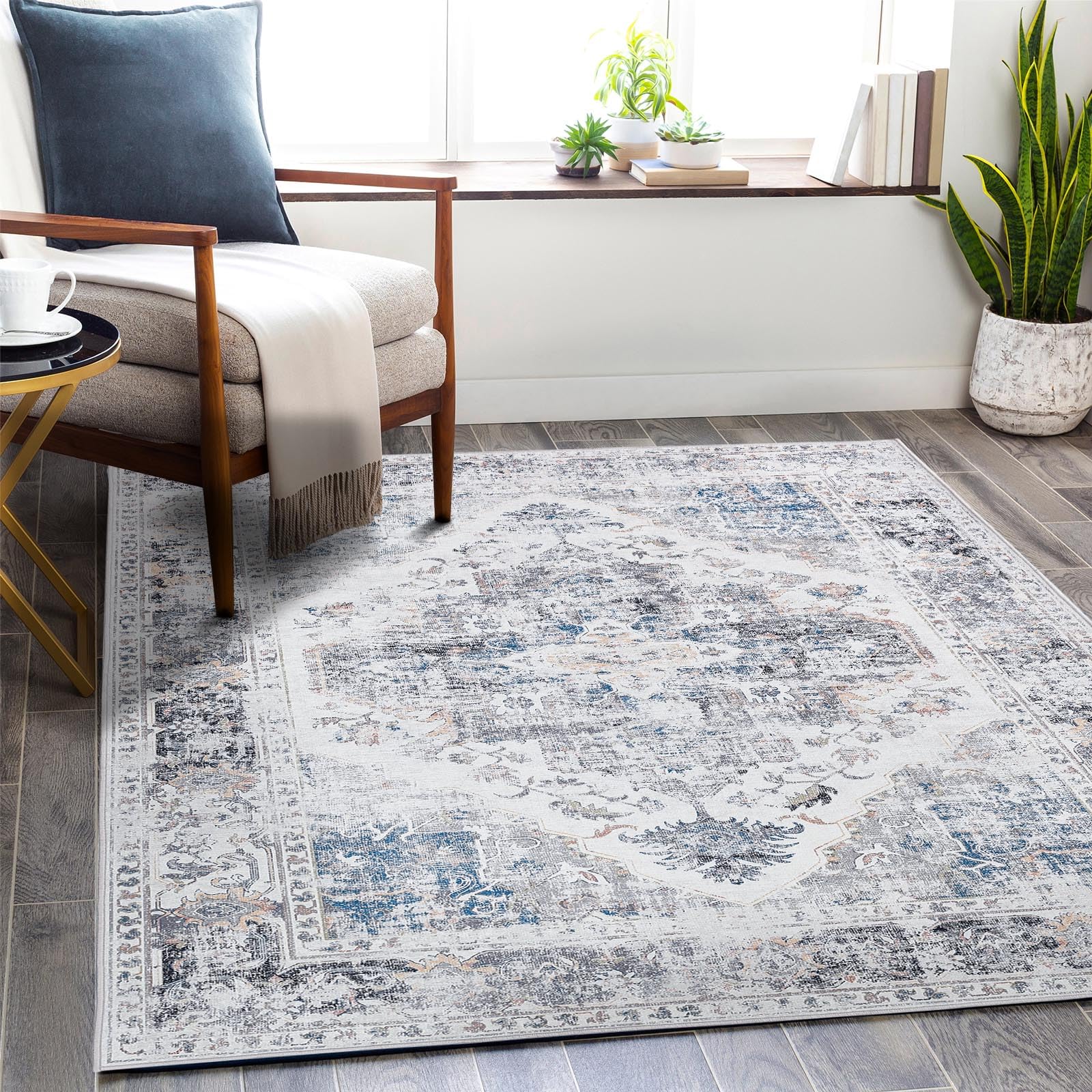 TOPICK Alfombra de salón lavable gris fina con flores vintage, alfombra para dormitorio, habitación infantil, antideslizante, pelo corto, plegable, zona para pasillo o baño, 180 x 270 cm
